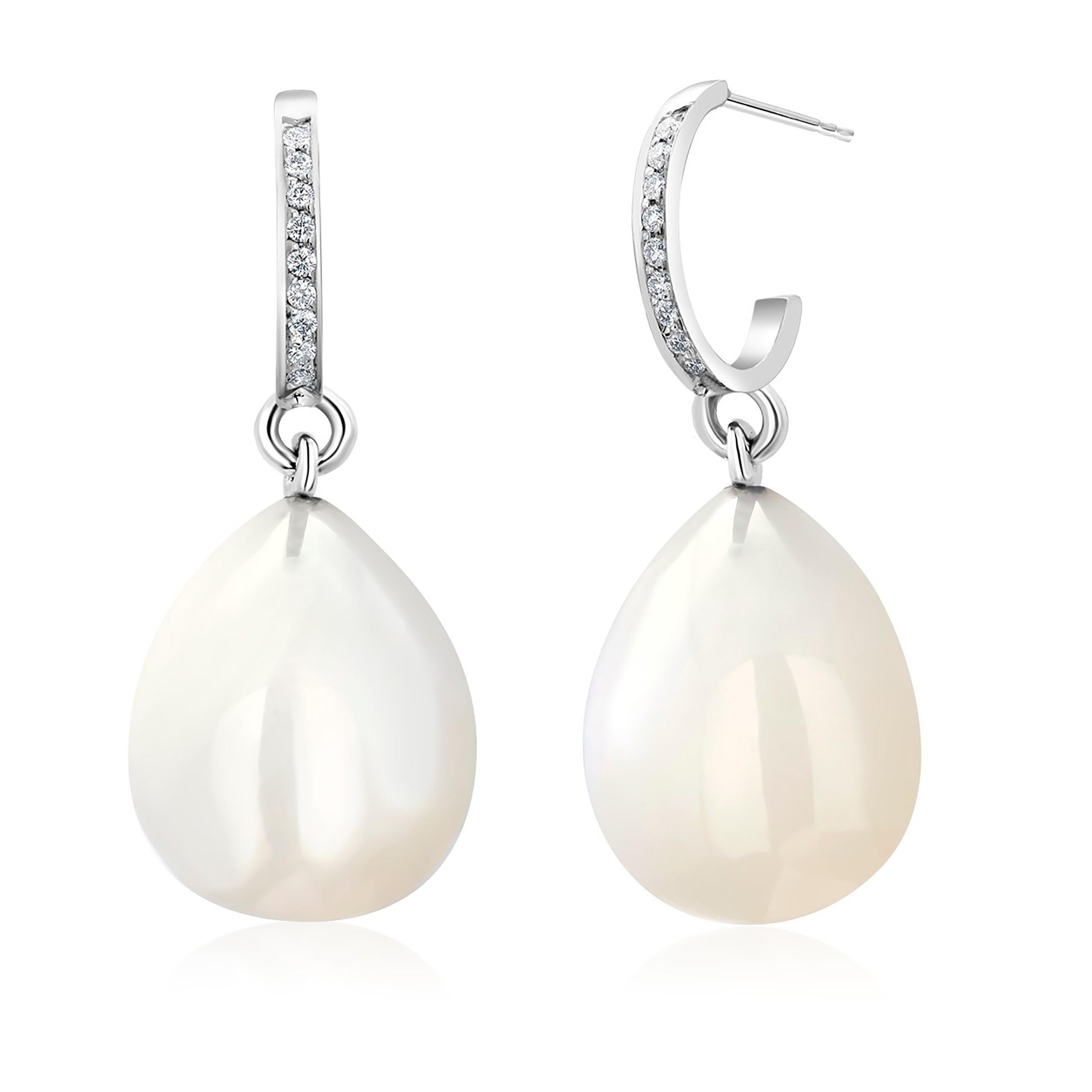 White Moonstone Drops and Diamond Gold Hoop Earrings Weighing 21.86 Carats 1