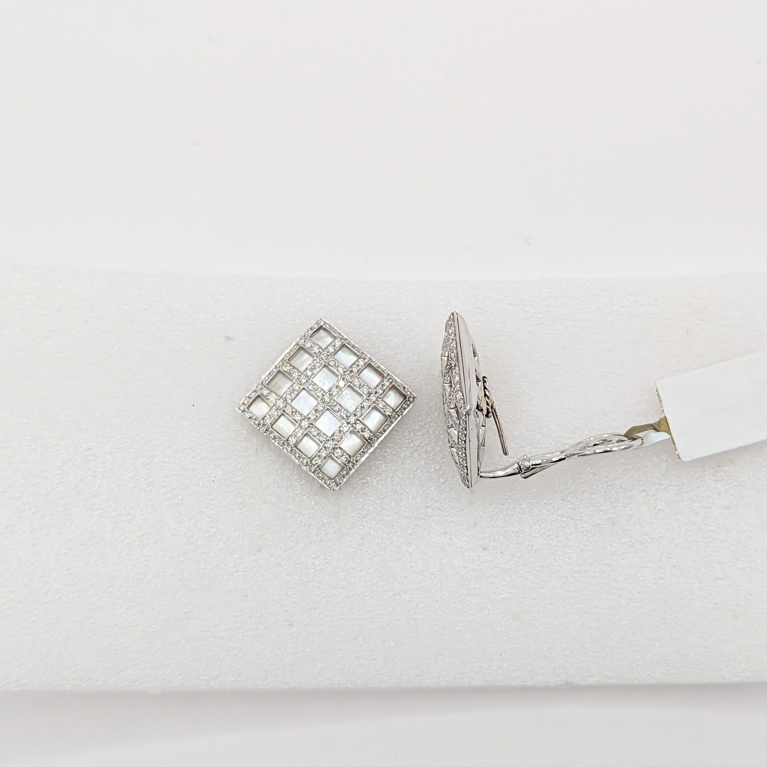 White Mother of Pearl and White Diamond Earrings in 18K White Gold For Sale 1