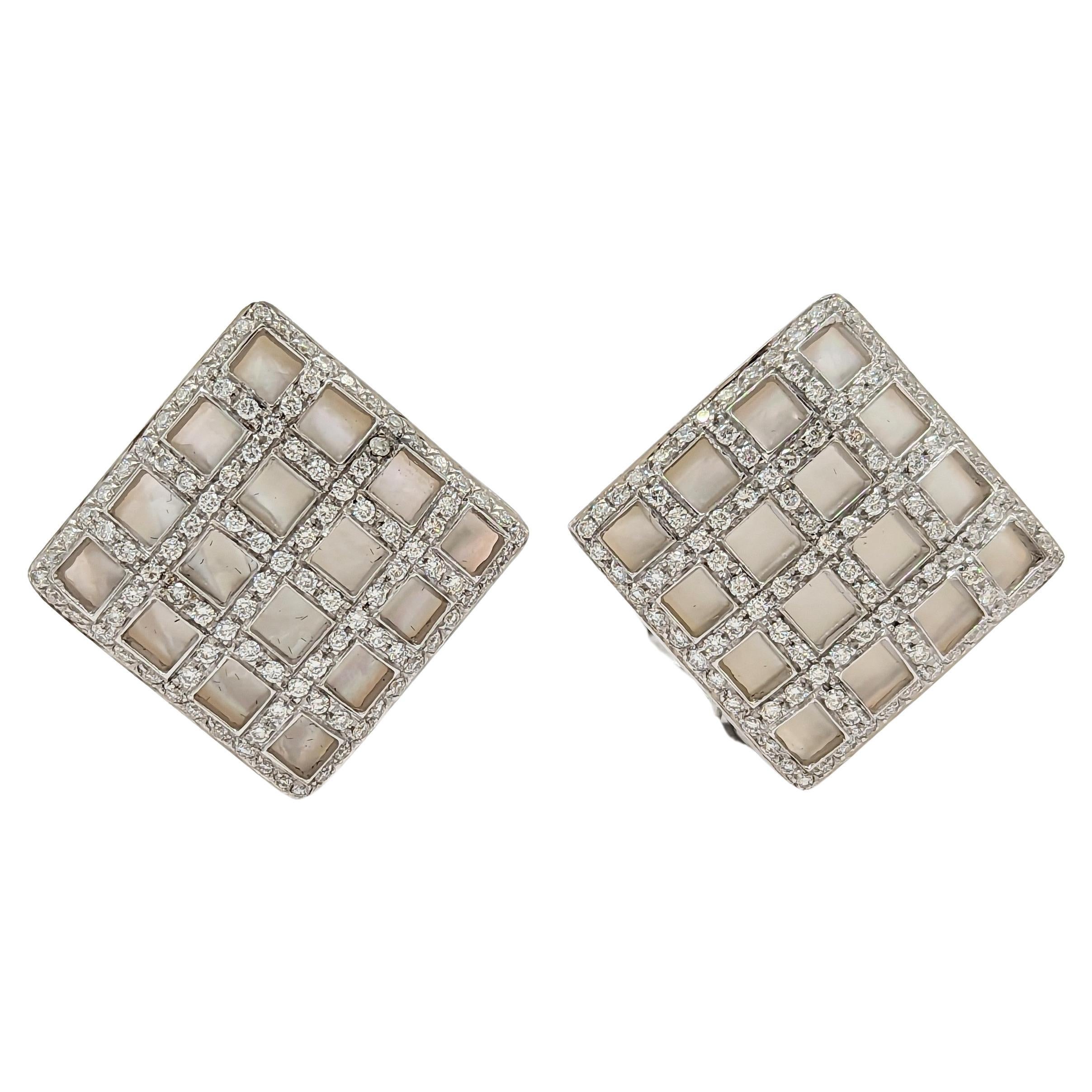 White Mother of Pearl and White Diamond Earrings in 18K White Gold For Sale