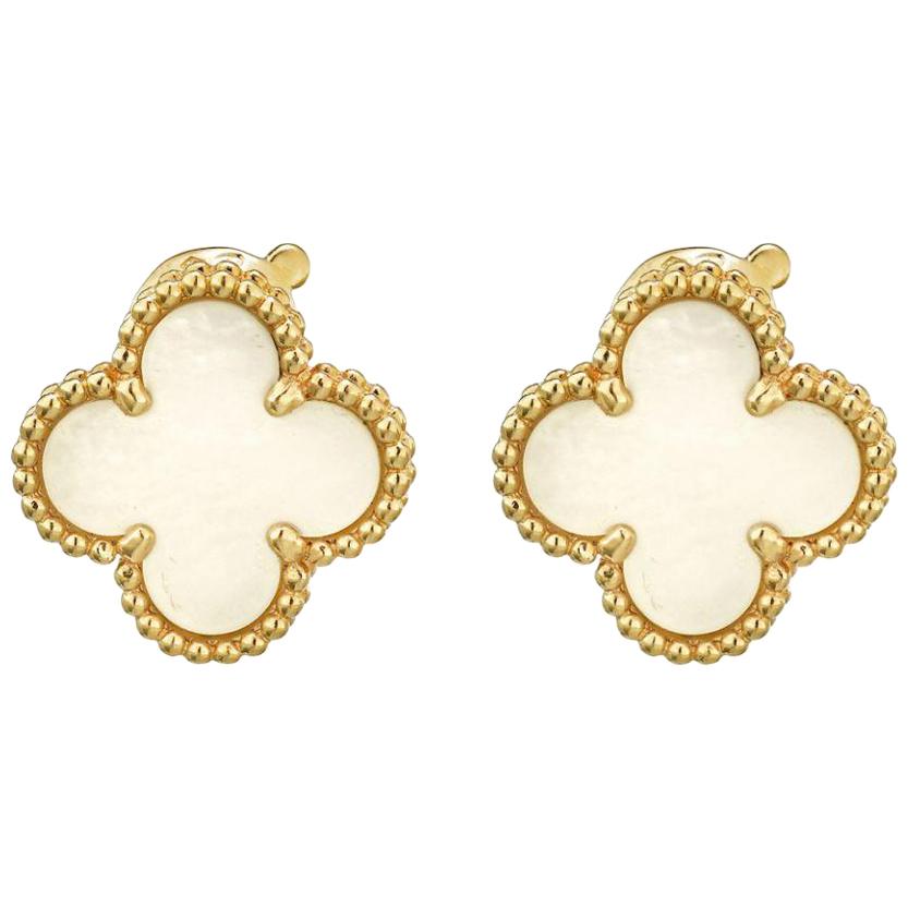 White Mother of Pearl Clover 18 Karat Yellow Gold Vintage Alhambra Earrings VCA