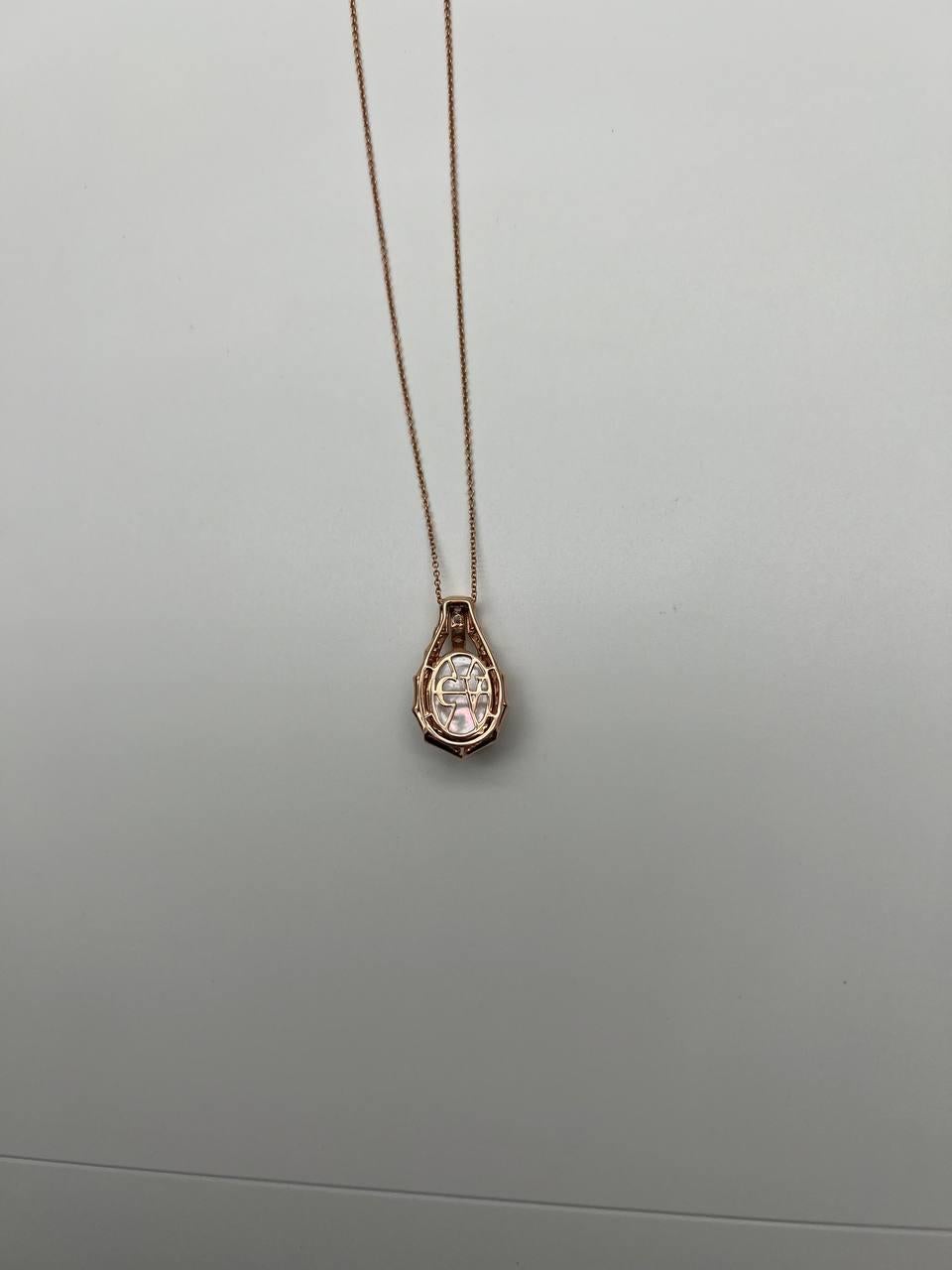 White Mother of Pearl Diamond Bamboo Detail 14K Rose Gold Pendant Chain Necklace For Sale 5