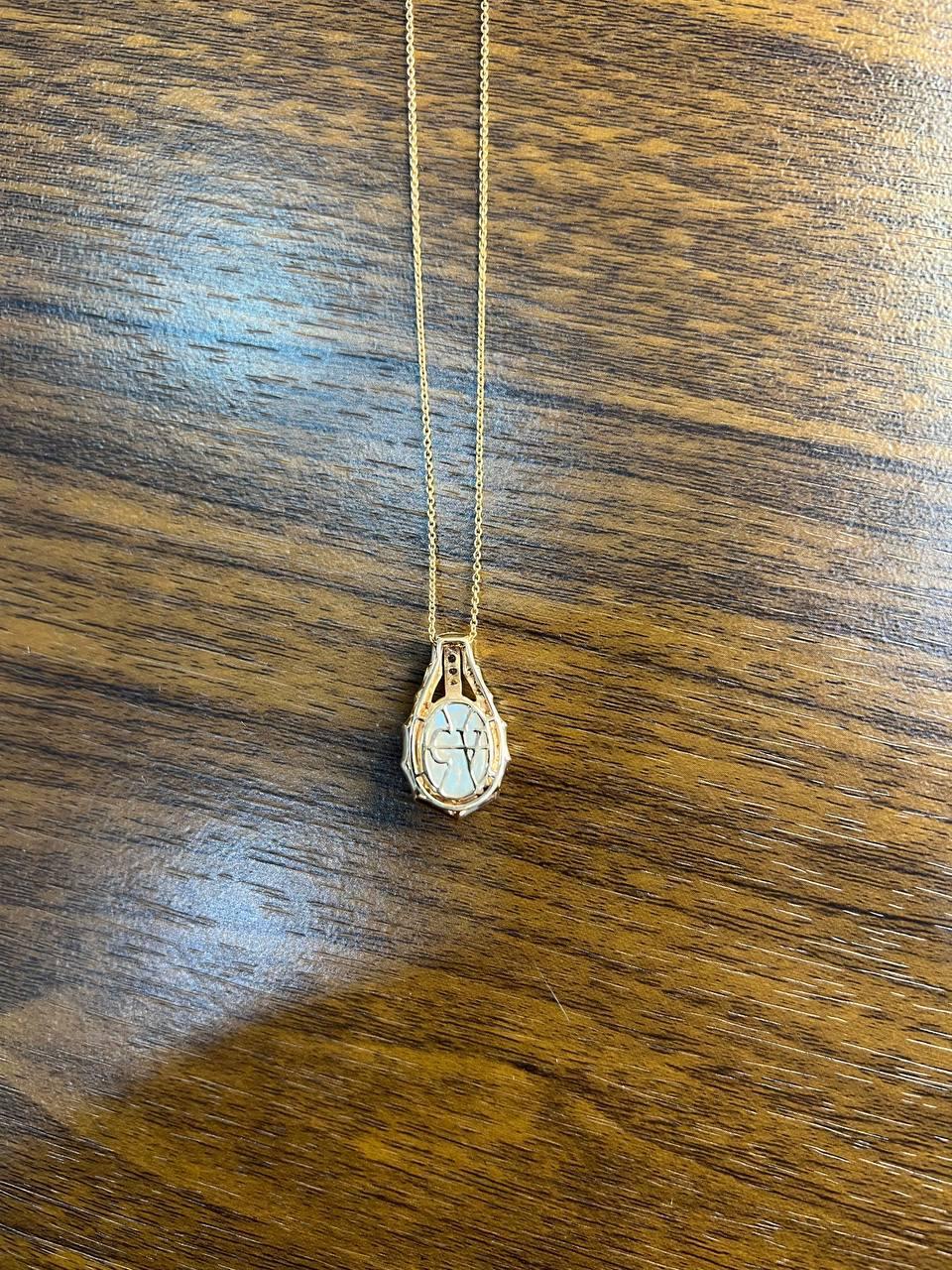 Women's White Mother of Pearl Diamond Bamboo Detail 14K Rose Gold Pendant Chain Necklace For Sale