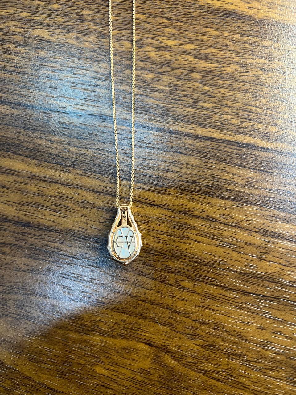White Mother of Pearl Diamond Bamboo Detail 14K Rose Gold Pendant Chain Necklace For Sale 1