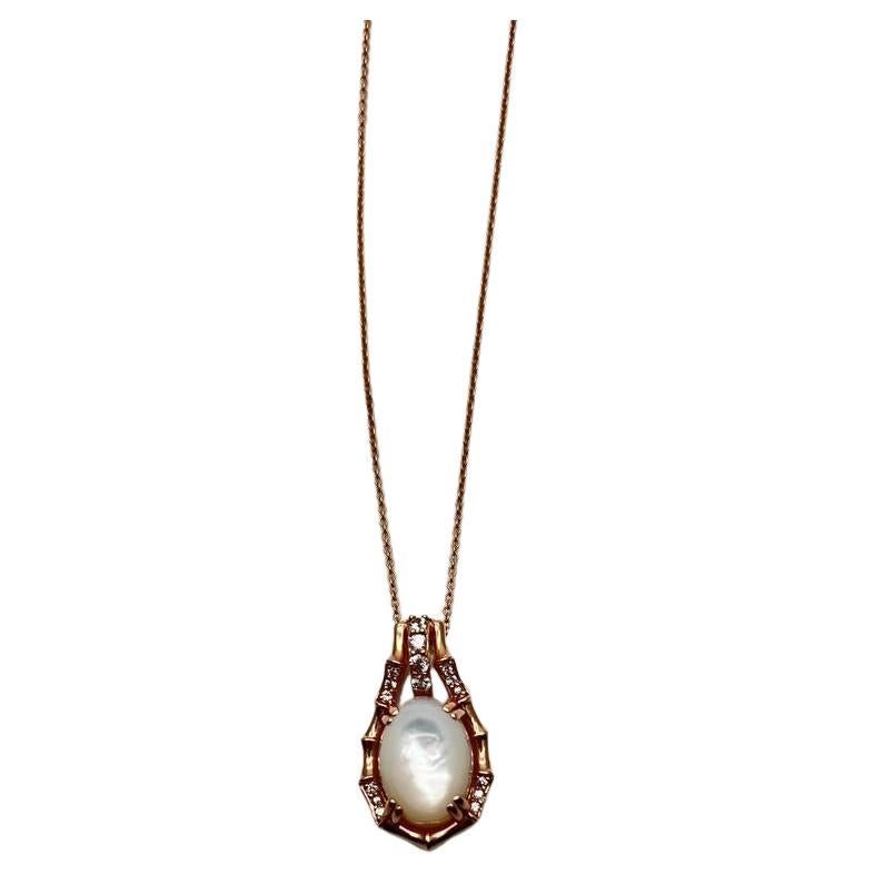 White Mother of Pearl Diamond Bamboo Detail 14K Rose Gold Pendant Chain Necklace For Sale