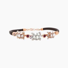 White Mother of Pearl & Diamond Ruby Turtle Animal Rose Gold Leather Bracelet