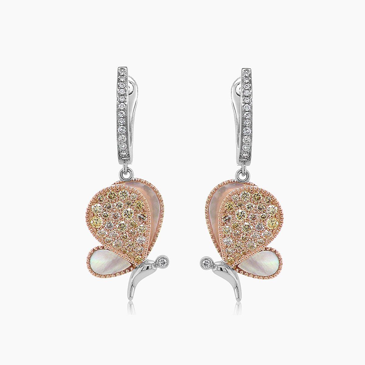 Mixed Cut White Mother of Pearl & Diamonds Butterfly Sweet 18K Rose Gold Clip Earrings For Sale