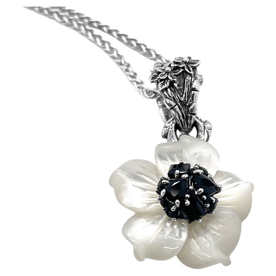 White Mother of Pearl Flower & Black Spinel Gemstone with Sterling Silver Toggle For Sale