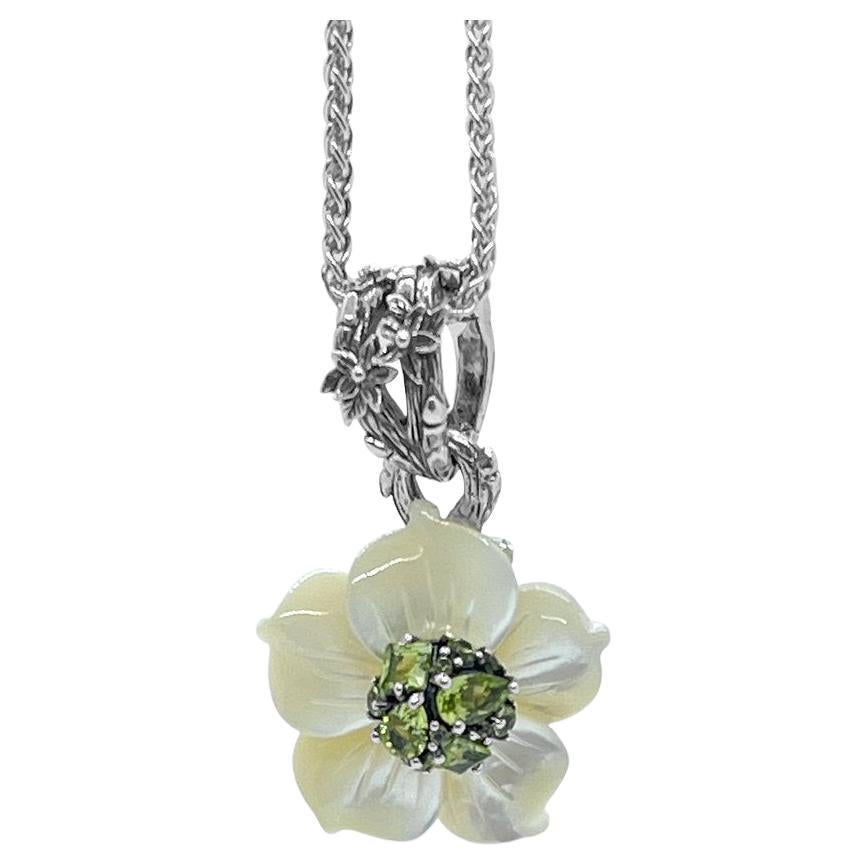 White Mother of Pearl Flower & Peridot Gemstone with Sterling Silver Toggle For Sale