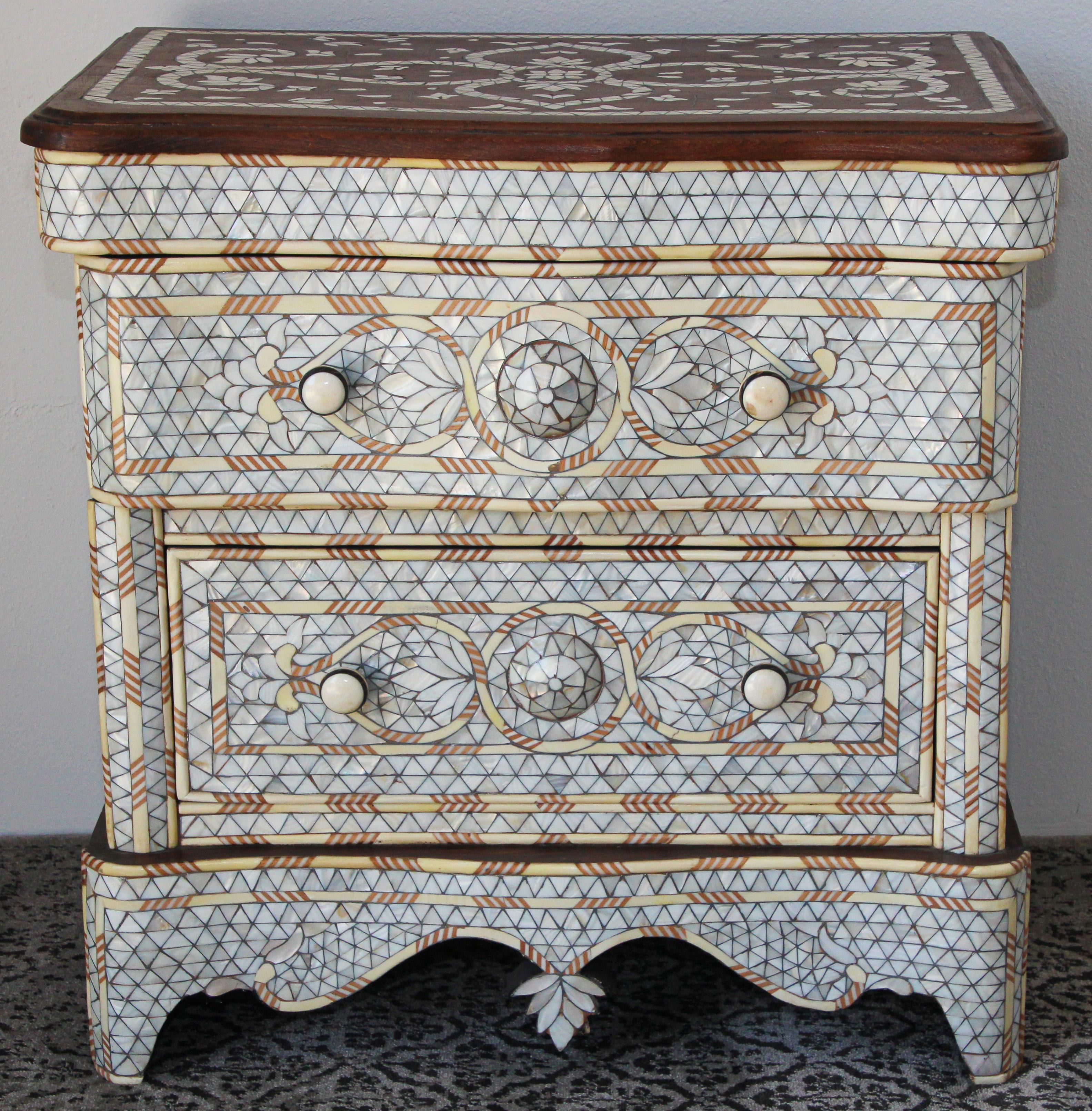 Hand-Carved White Inlay Moorish Moroccan Nightstands a Pair