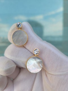 White Mother Of Pearl Shell 14k gold Stud Earrings with moissanite.
