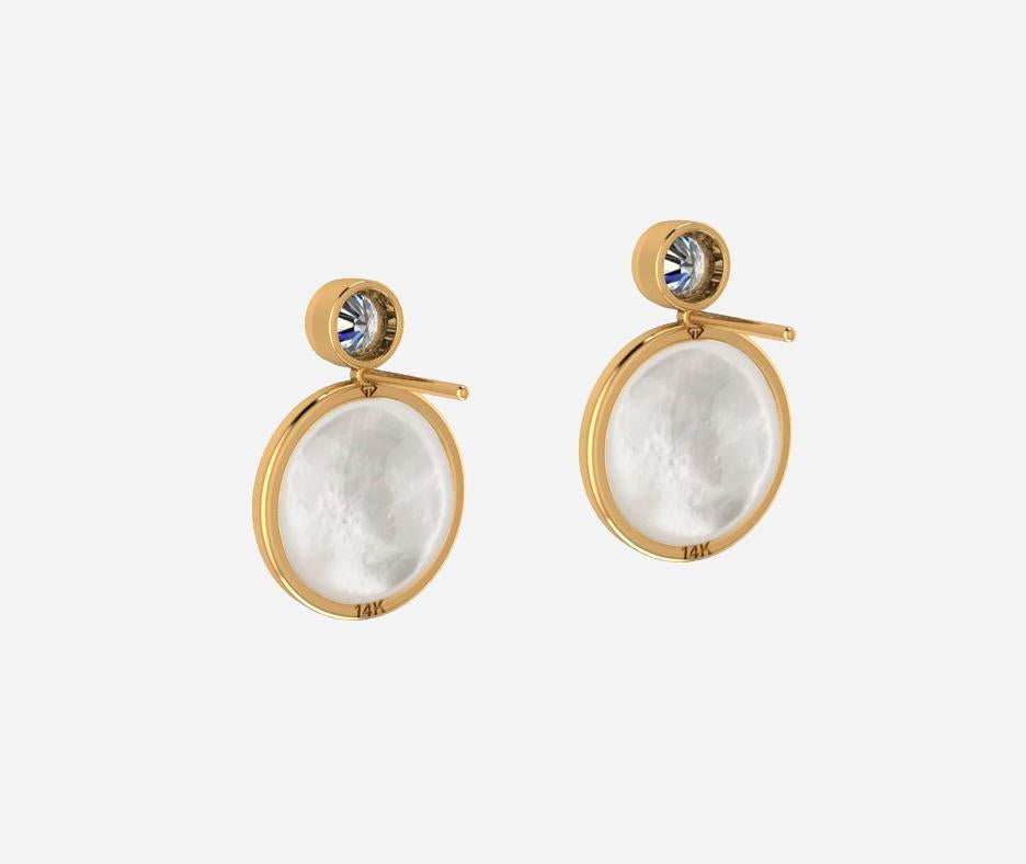 Women's White Mother Of Pearl Shell 14k gold Stud Earrings with moissanite. For Sale