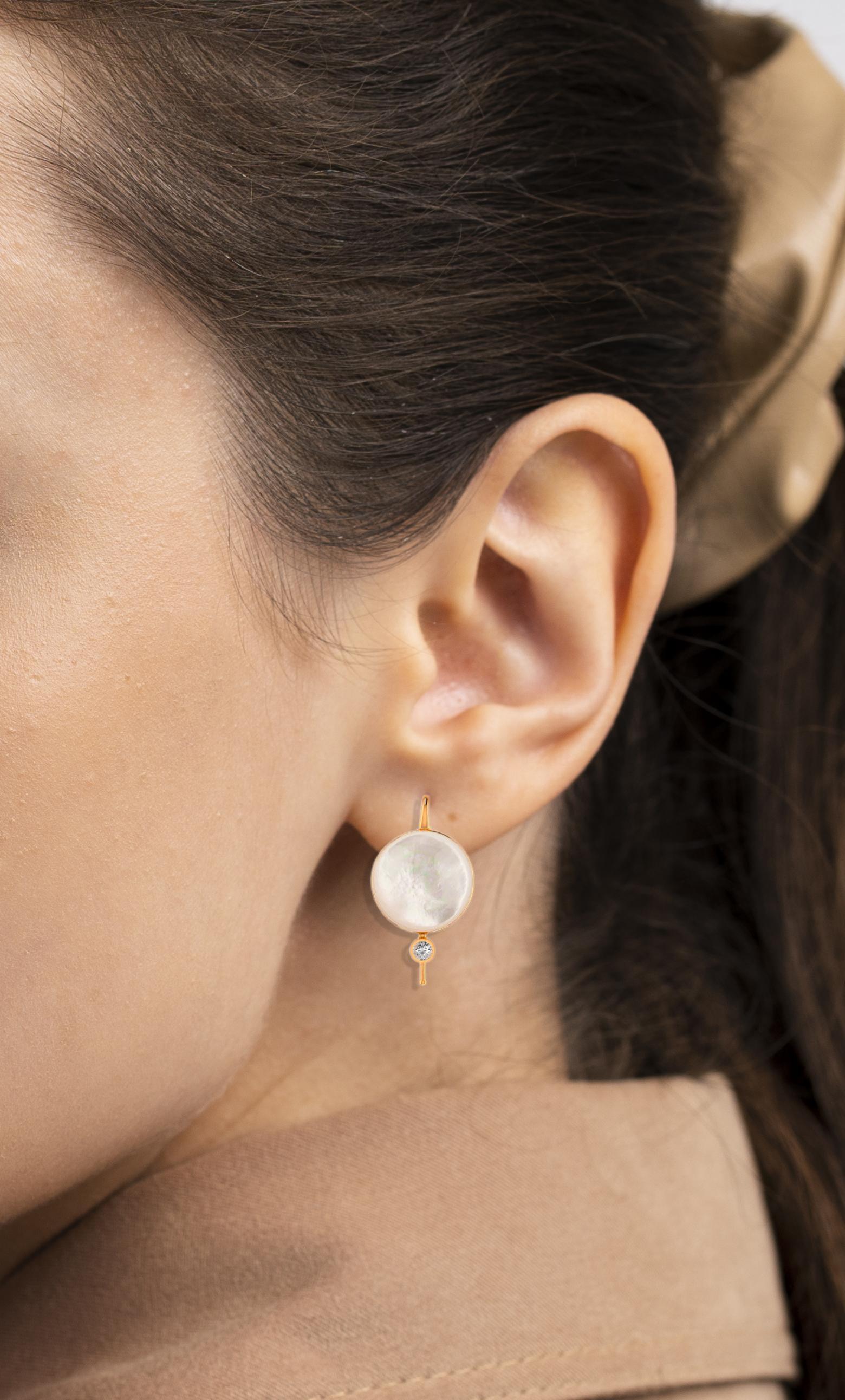 Modern White Mother Of Pearl Shell Earrings with moissanite. For Sale