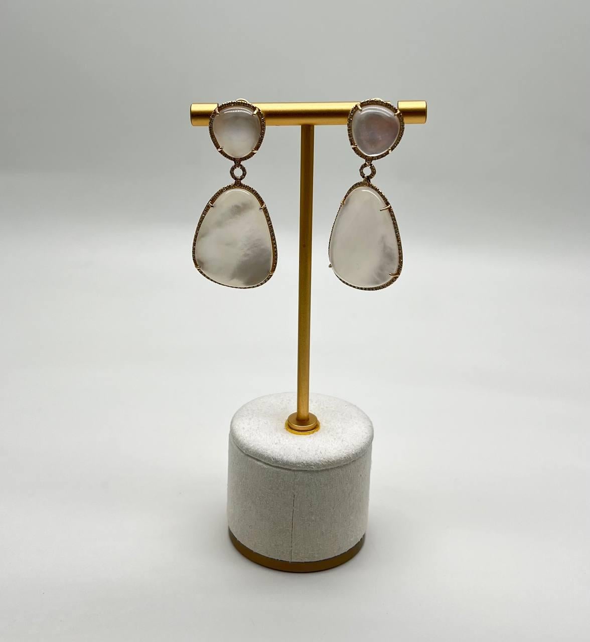 Mixed Cut White Mother of Pearl White Diamonds Halo 14K Yellow Gold Statement Earrings For Sale