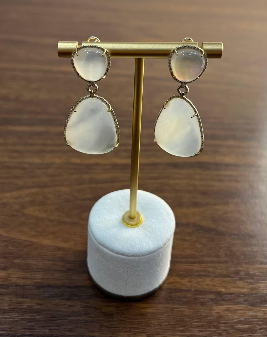 White Mother of Pearl White Diamonds Halo 14K Yellow Gold Statement Earrings For Sale 1