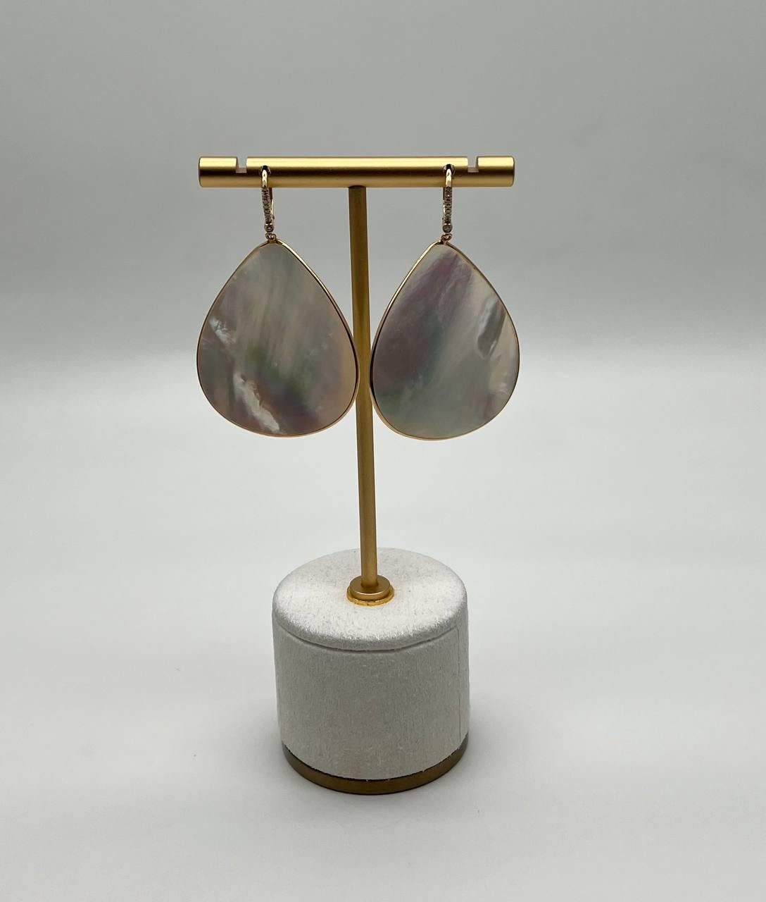 White Mother of Pearl White Diamonds Halo 14K Yellow Gold Statement Earrings For Sale 2