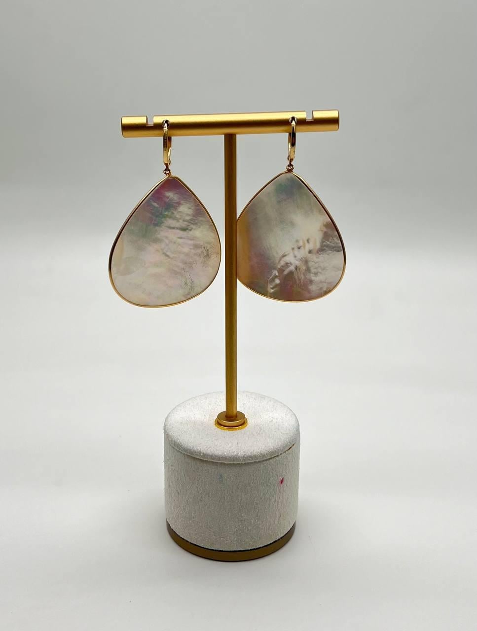 White Mother of Pearl White Diamonds Halo 14K Yellow Gold Statement Earrings For Sale 4