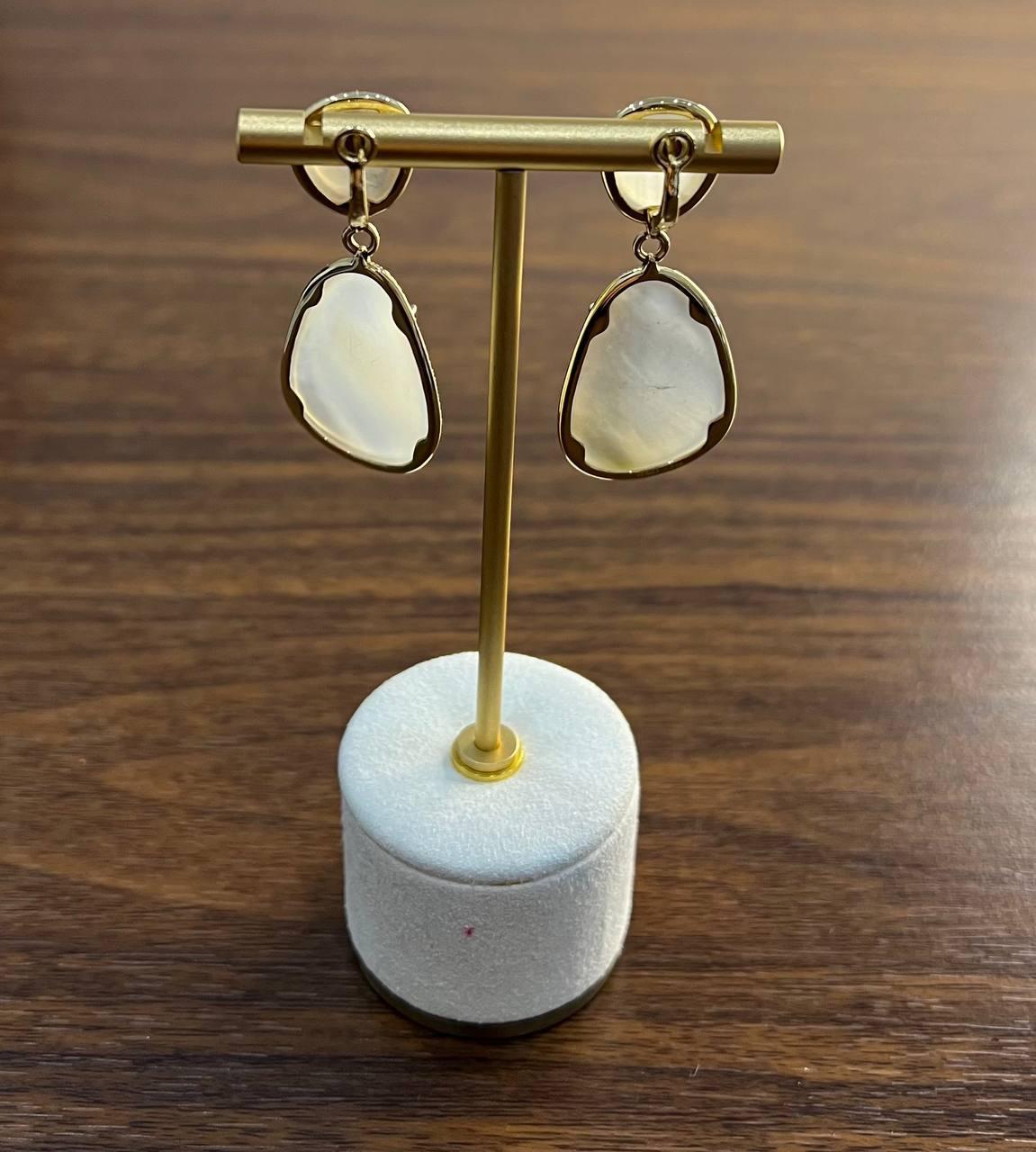 White Mother of Pearl White Diamonds Halo 14K Yellow Gold Statement Earrings For Sale 4