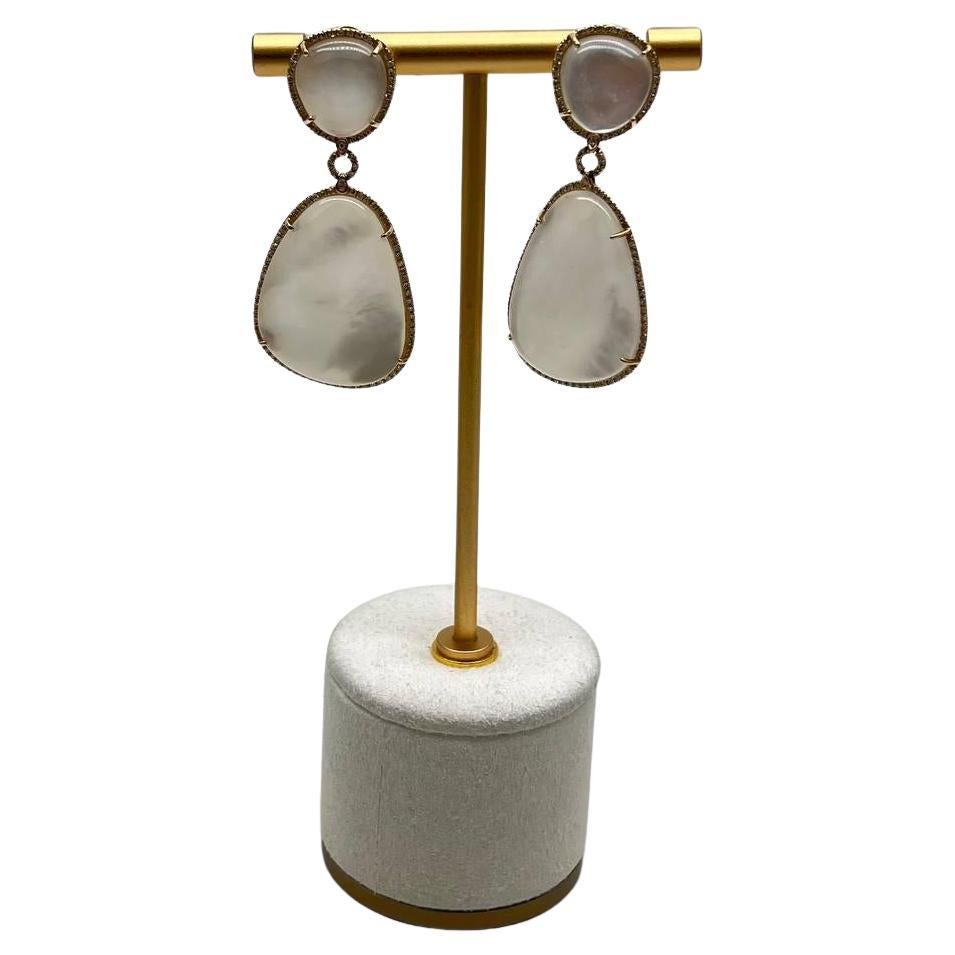 White Mother of Pearl White Diamonds Halo 14K Yellow Gold Statement Earrings