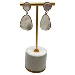 White Mother of Pearl White Diamonds Halo 14K Yellow Gold Statement Earrings