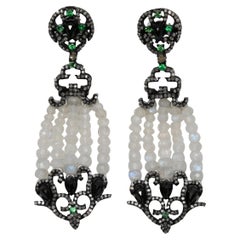 White & Multicolor Bavna Moonstone & Emerald Drop Earrings