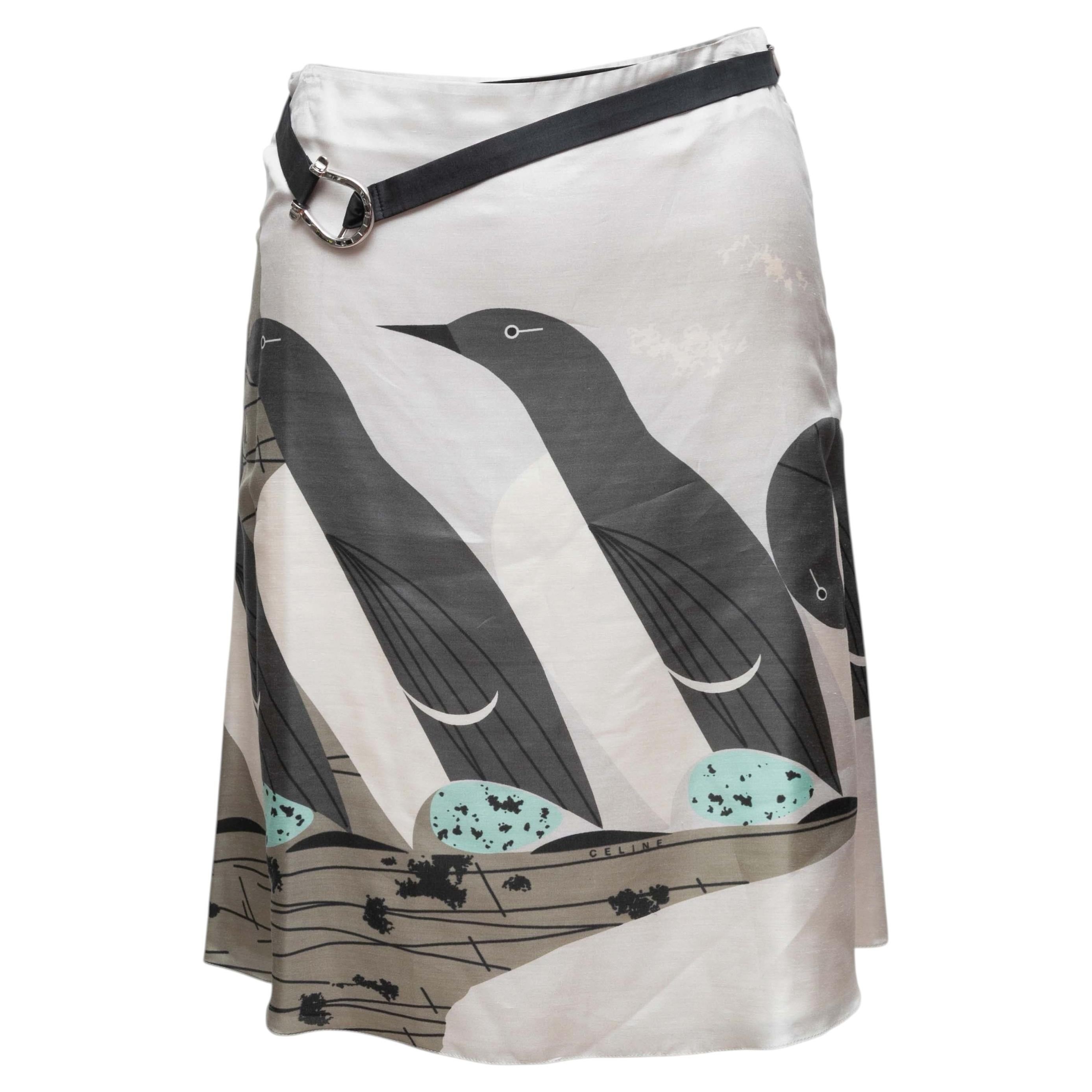 Falda de seda de Celine con estampado de pingüinos, en blanco y multicolor, talla FR 34 en venta