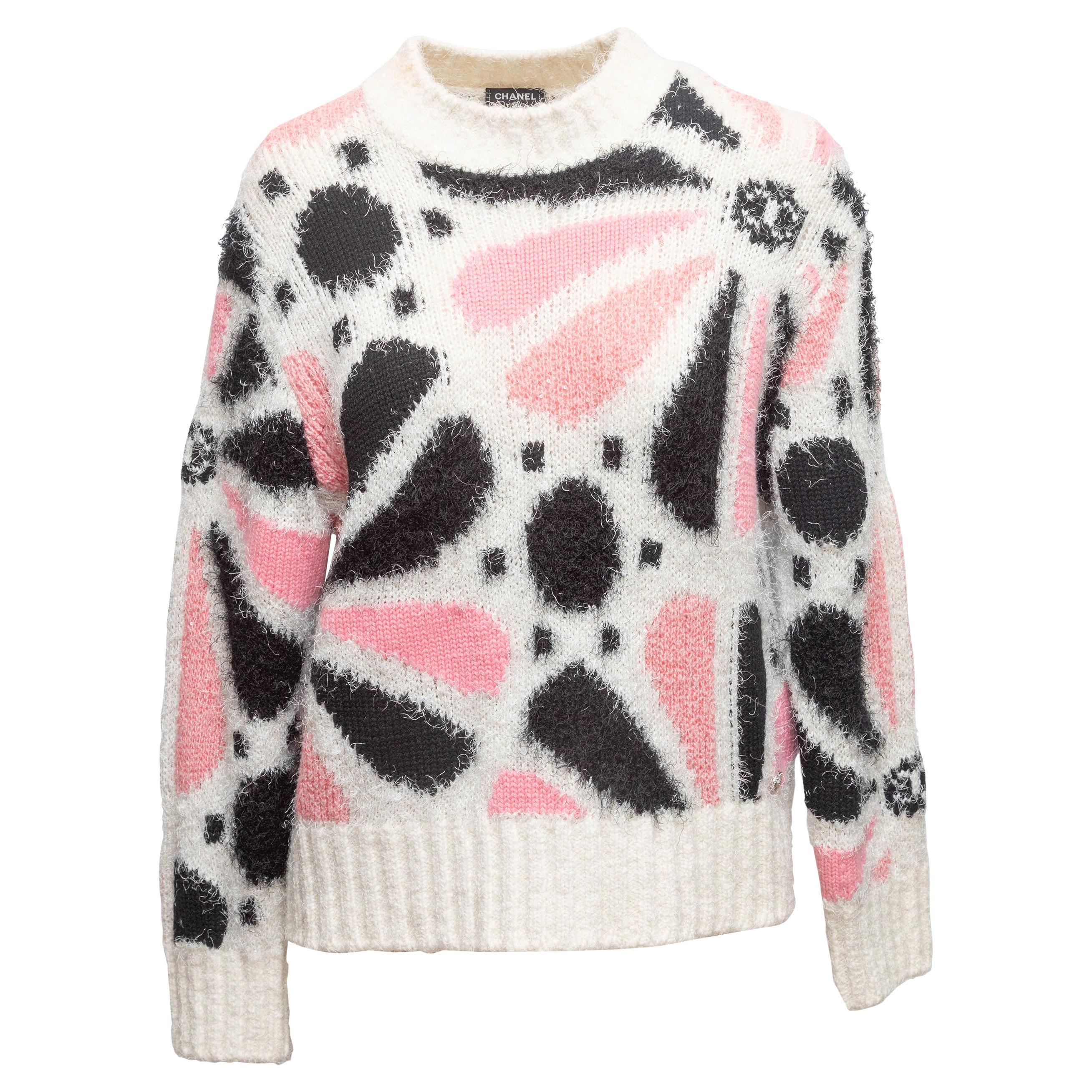 White & Multicolor Chanel 2023 Cashmere & Silk-Blend Floral Intarsia Sweater