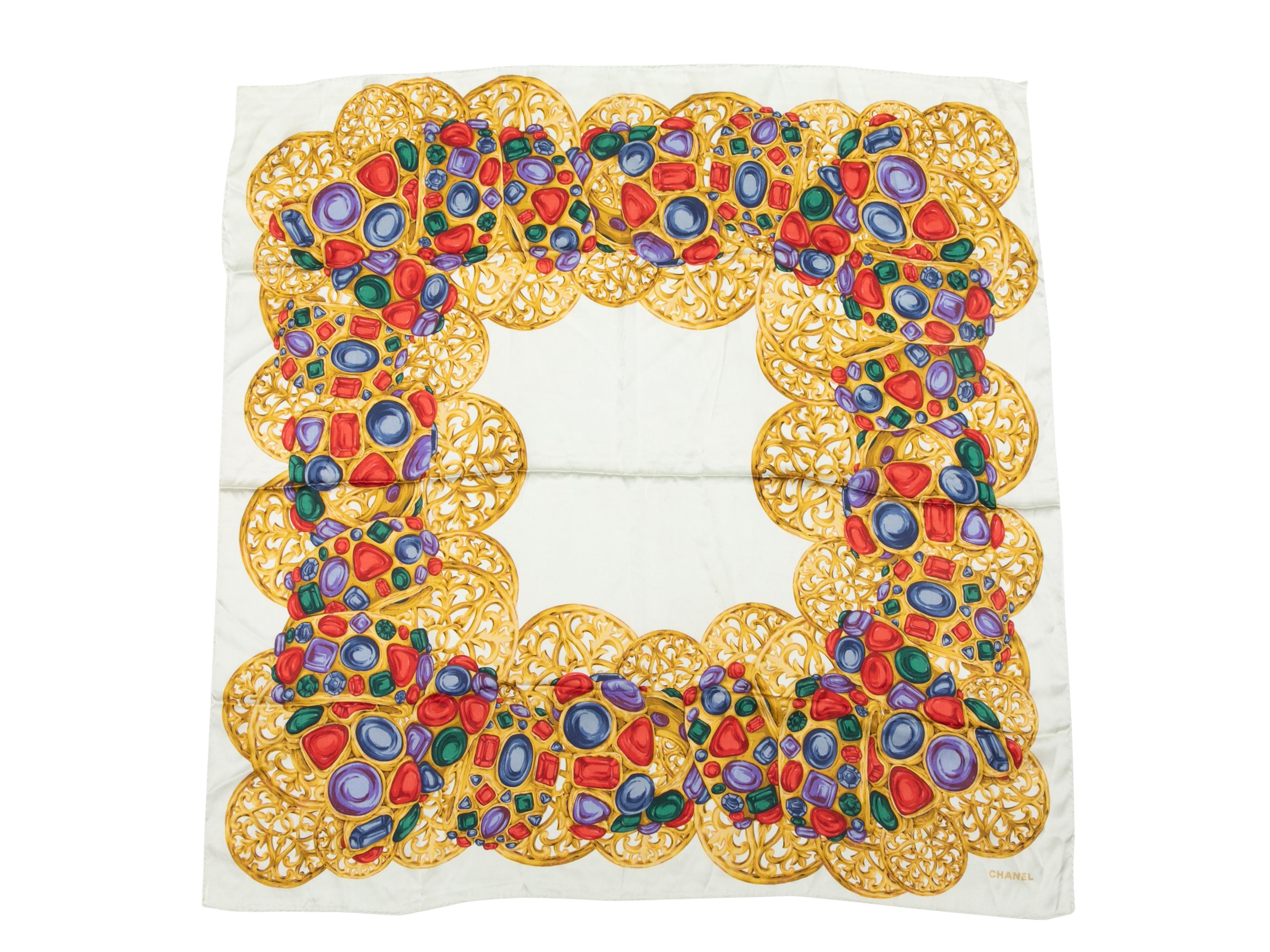 White & Multicolor Chanel Cabochon Print Silk Scarf In Good Condition For Sale In New York, NY