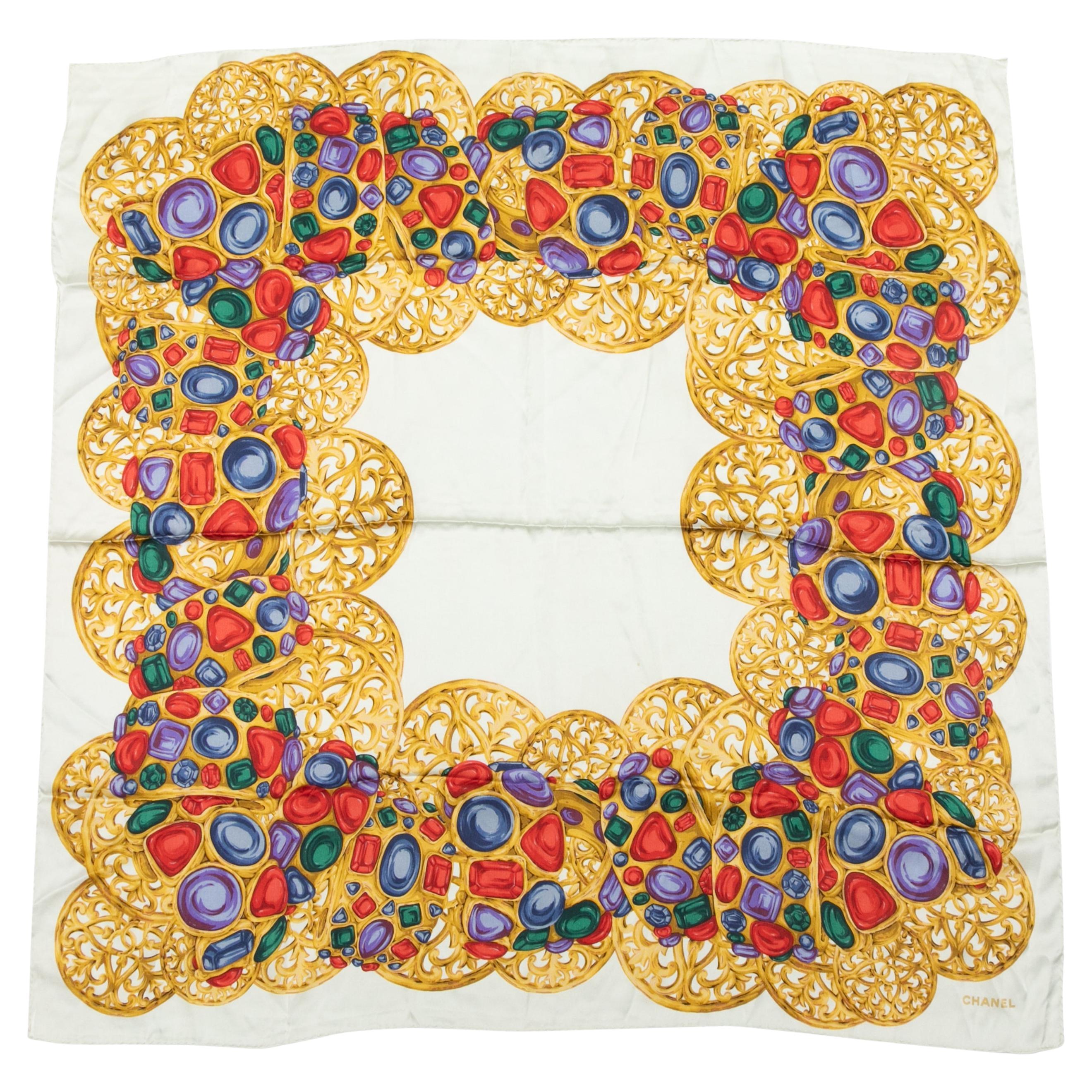 White & Multicolor Chanel Cabochon Print Silk Scarf For Sale