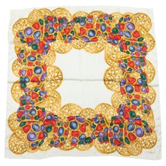 White & Multicolor Chanel Cabochon Print Silk Scarf
