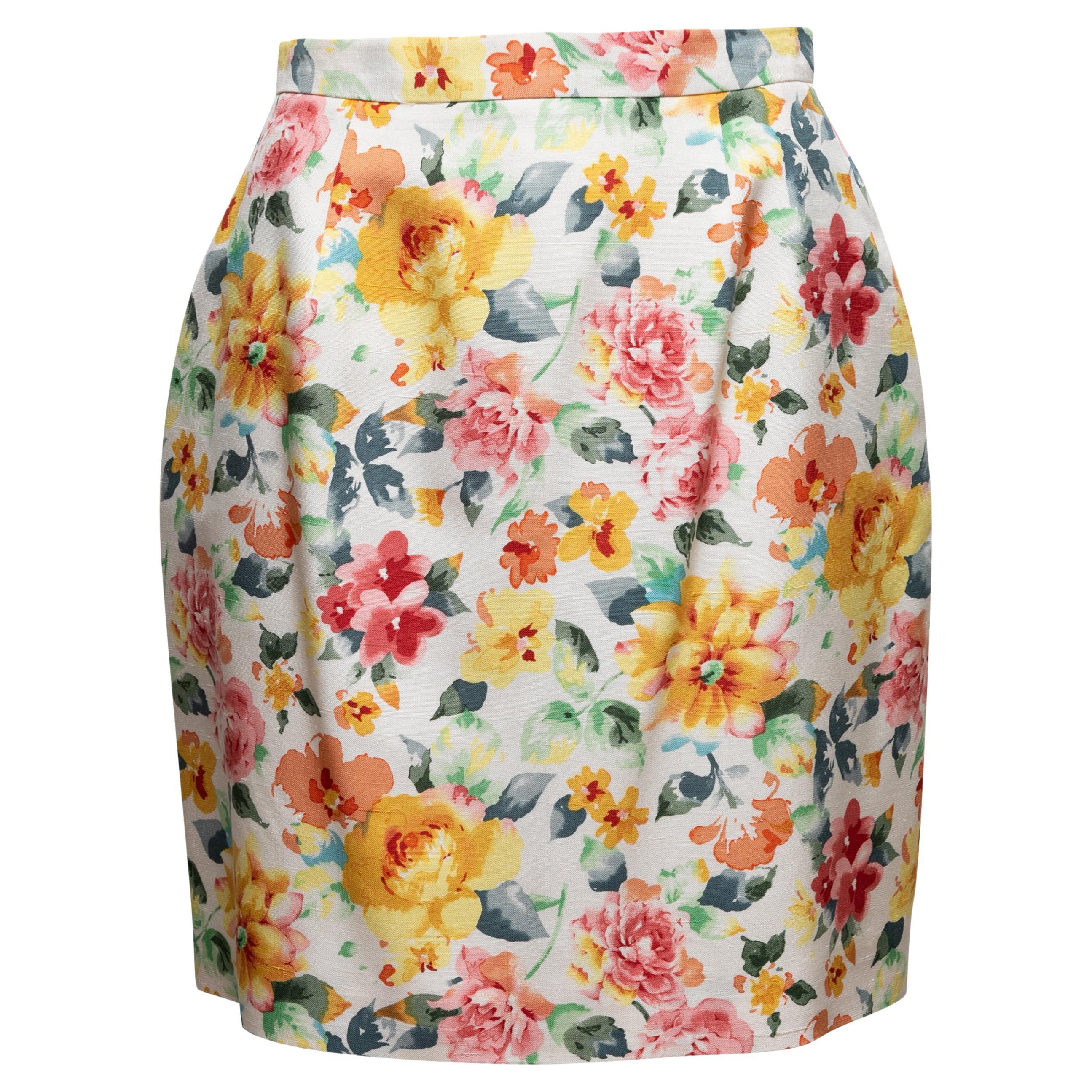 White & Multicolor Christian Dior Floral Print Skirt Size US 8 For Sale