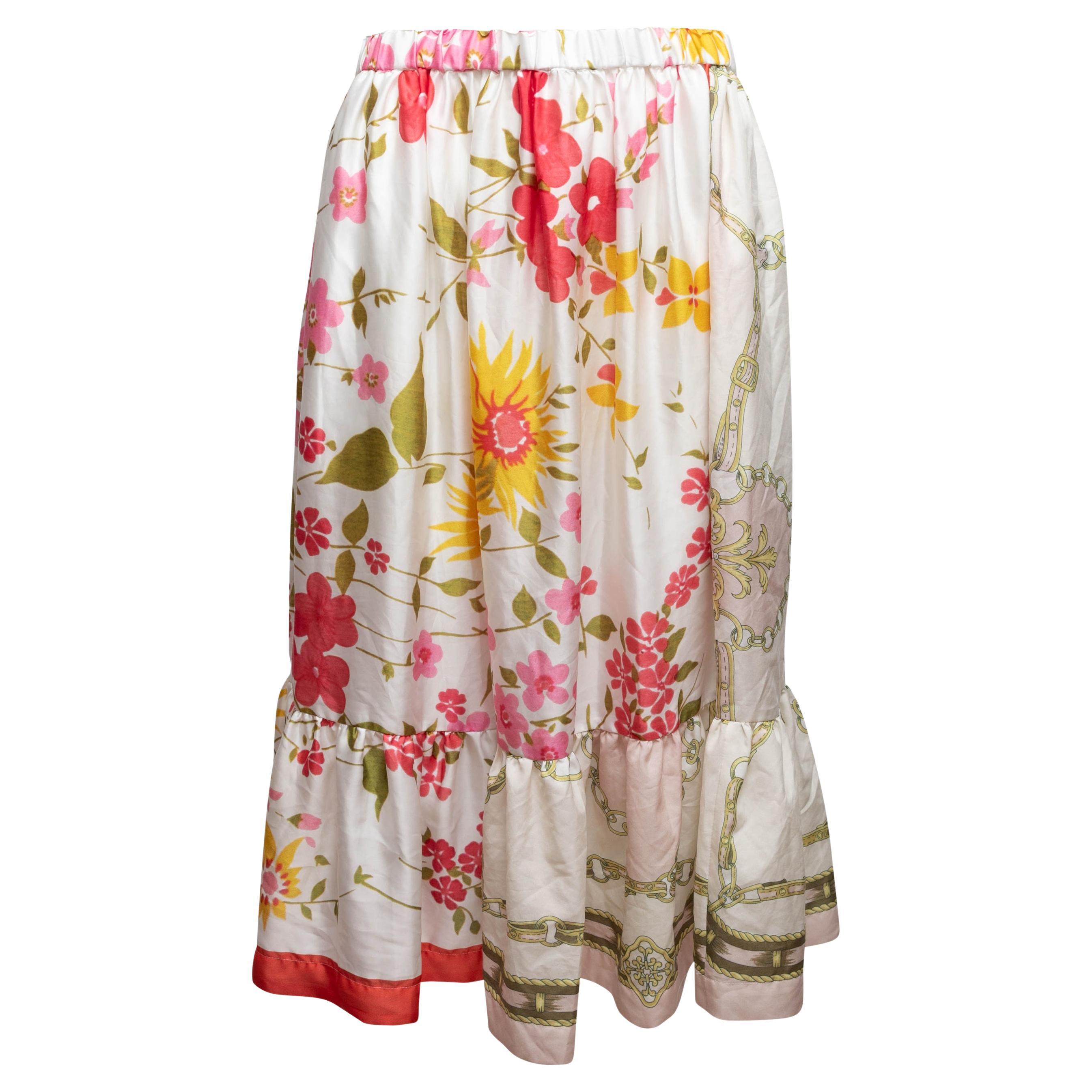 White & Multicolor Comme Des Garcons Girl Floral Print Skirt Size US M For Sale
