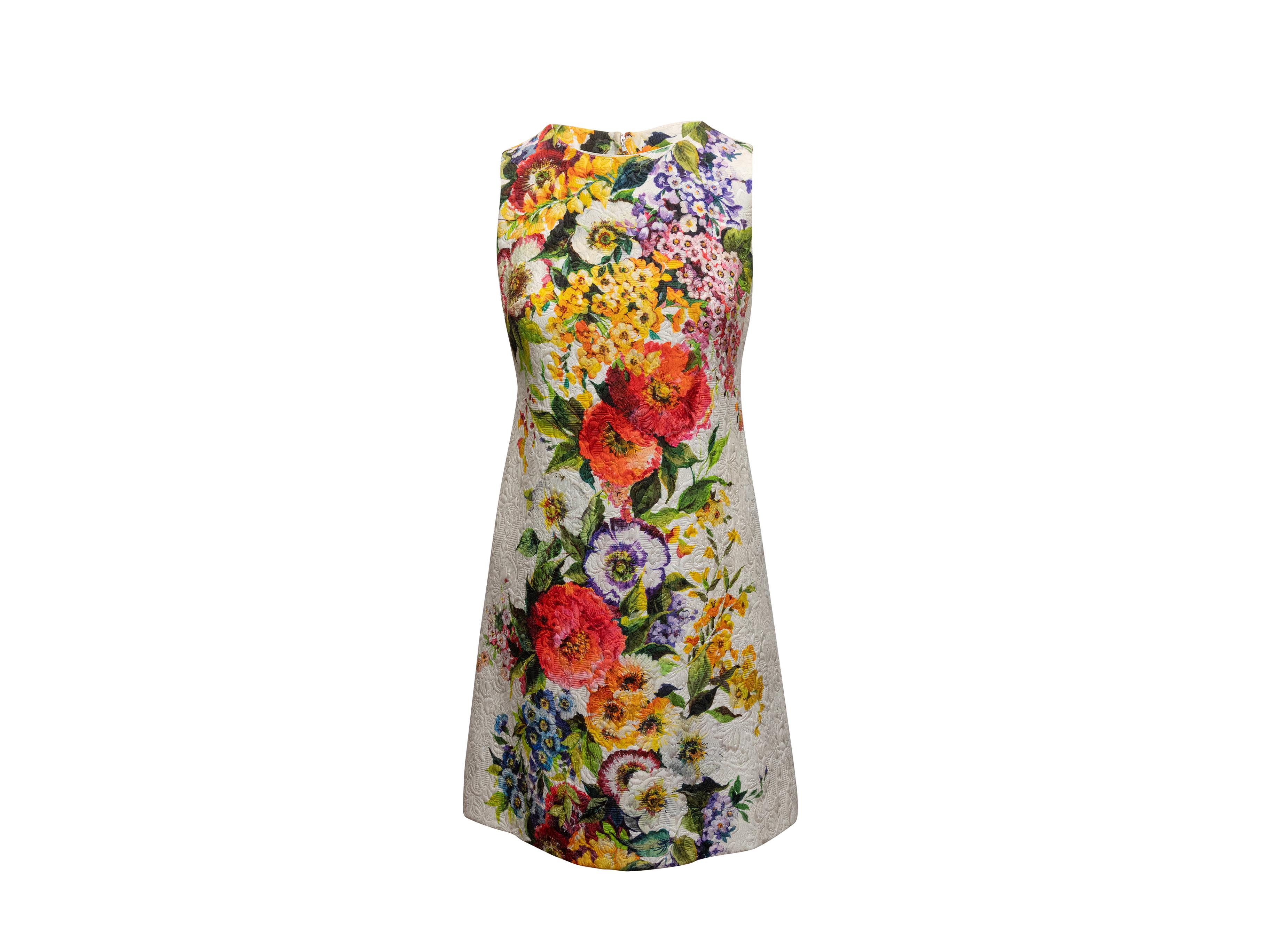 Weißes und mehrfarbiges ärmelloses Jacquard-Minikleid mit Blumendruck von Dolce & Gabbana. Rundhalsausschnitt. Reißverschluss am Rücken. 33