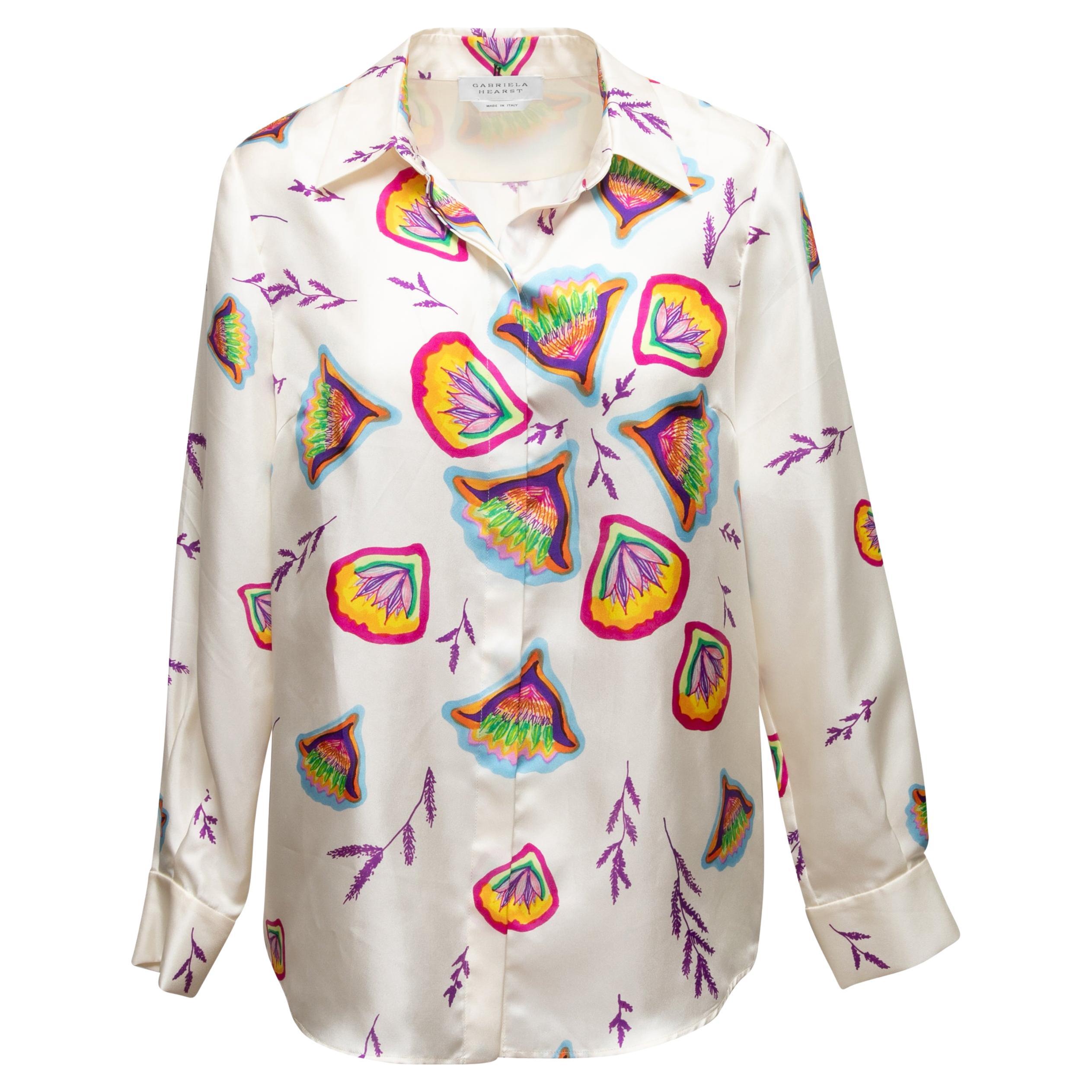 White & Multicolor Gabriela Hearst Silk Floral Print Top For Sale