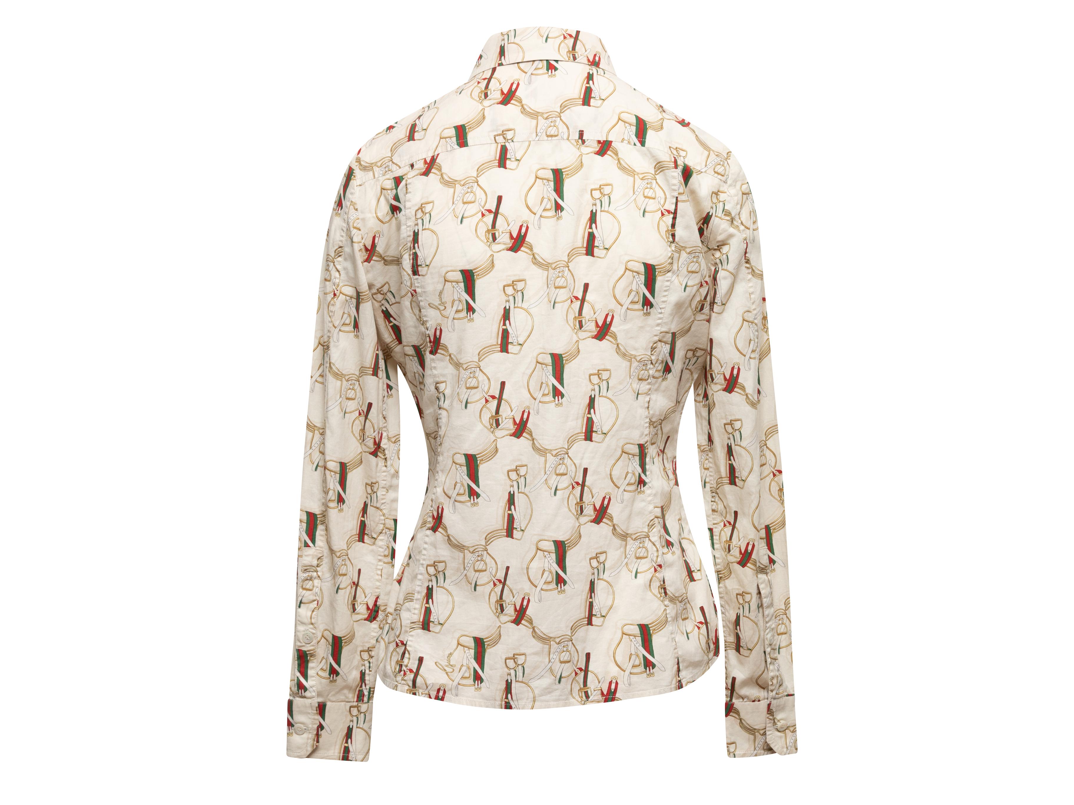 White & Multicolor Gucci Saddle Print Button-Up Top Size IT 42 In Good Condition For Sale In New York, NY