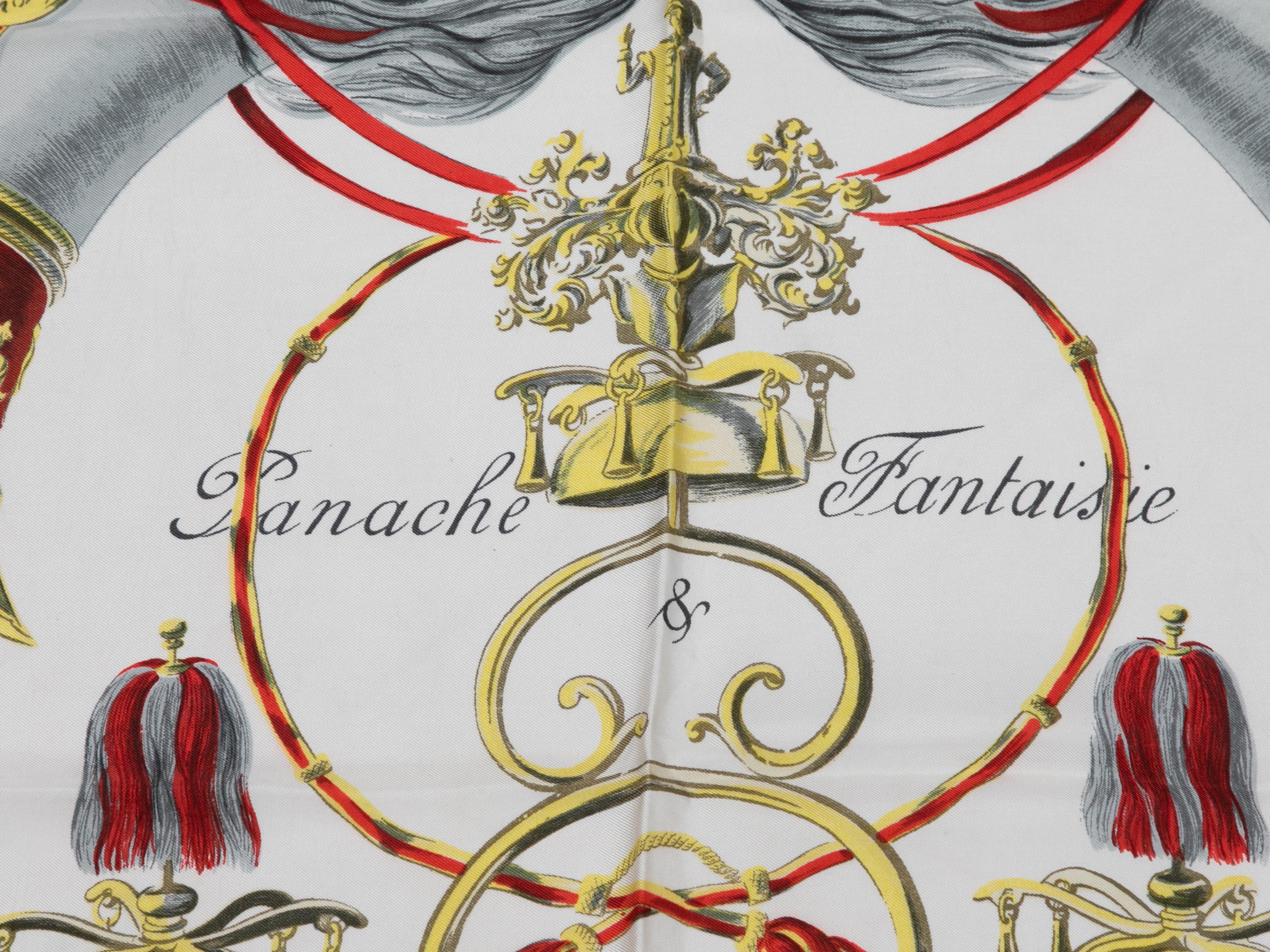 Foulard en soie imprimée à motifs Panache & Fantaisie, blanc et multicolore, Hermès. Largeur 34