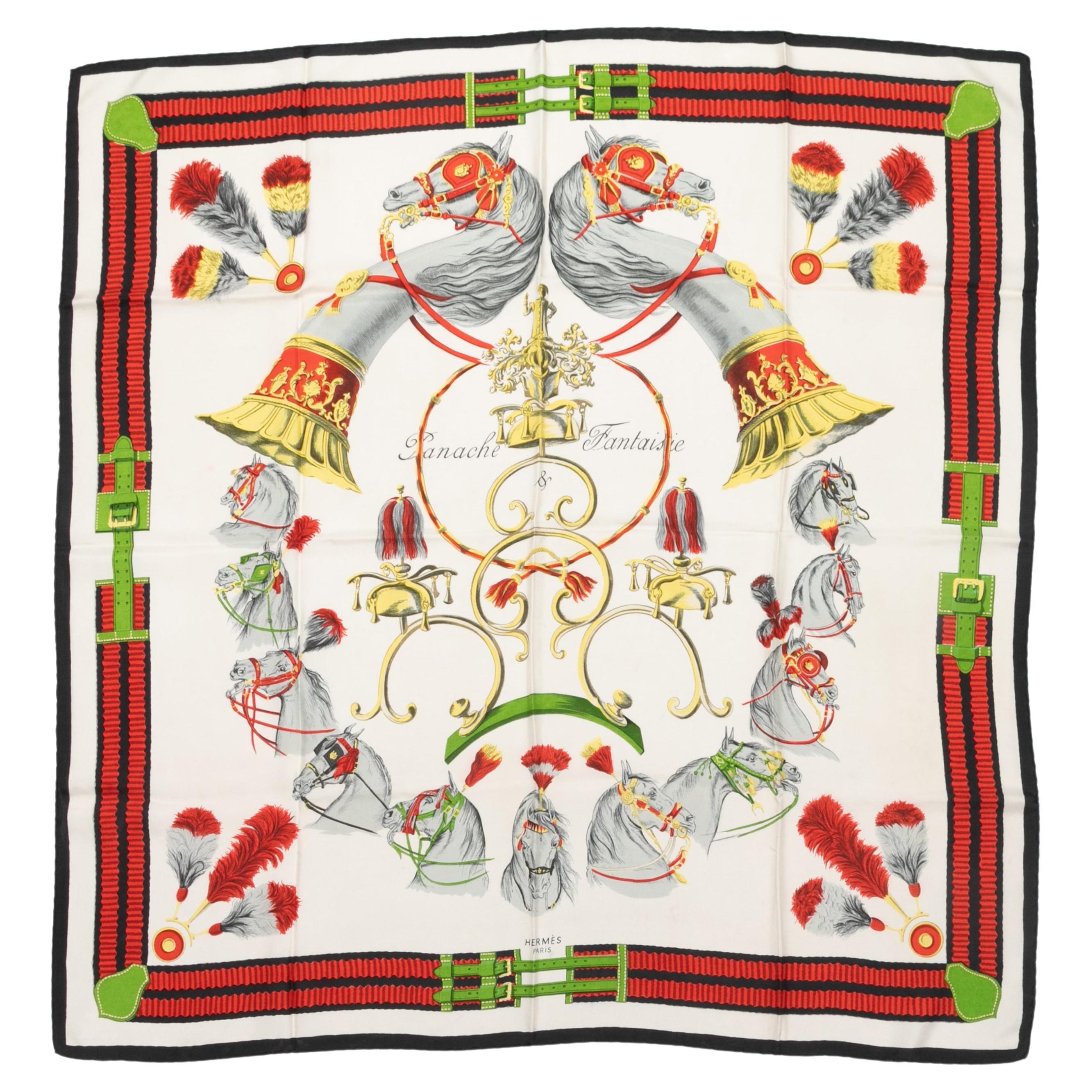 Foulard en soie imprimée Panache & Fantaisie Hermes blanc et multicolore en vente