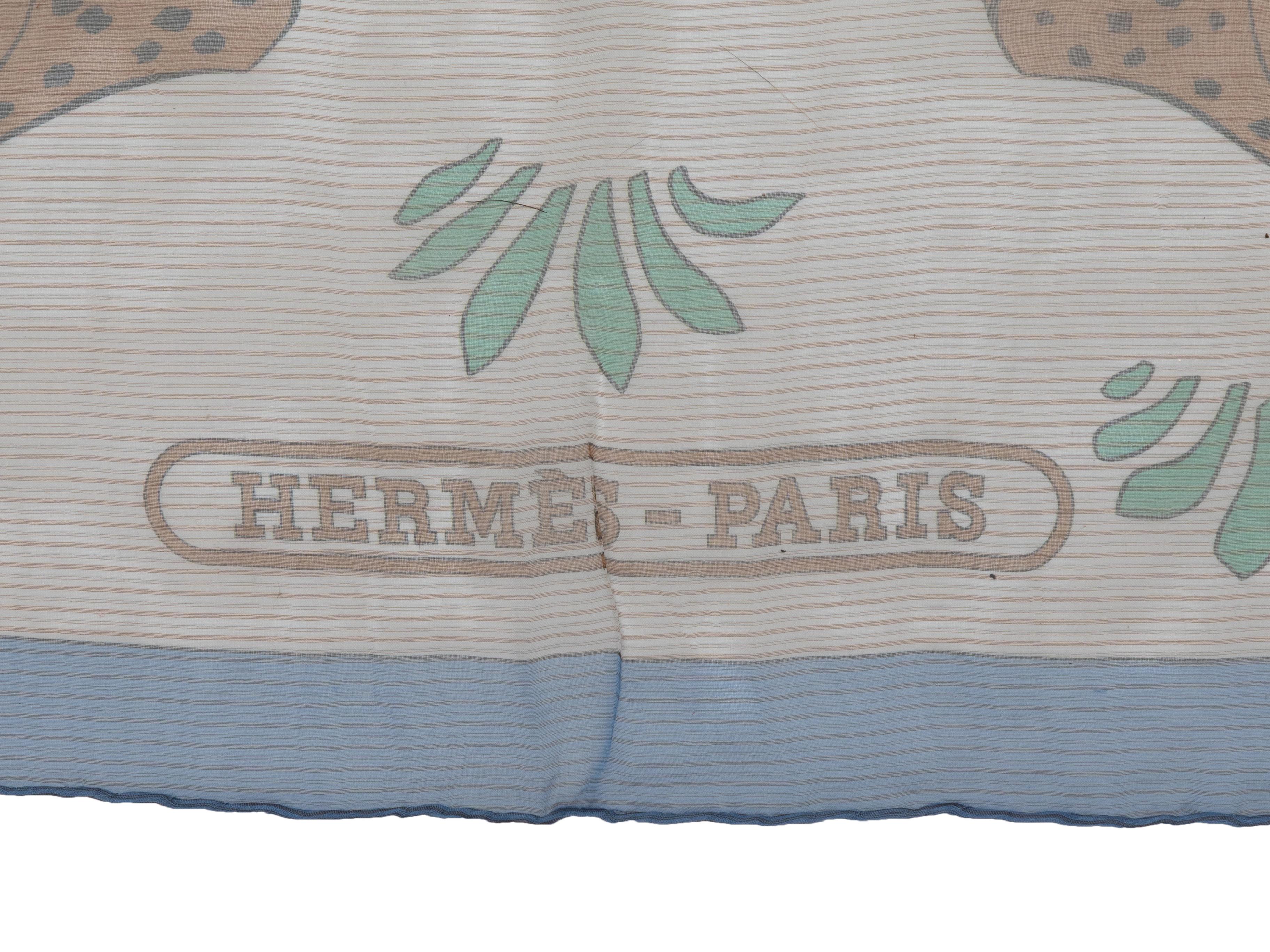 White and multicolor sheer silk tiger print scarf by Hermes. 55