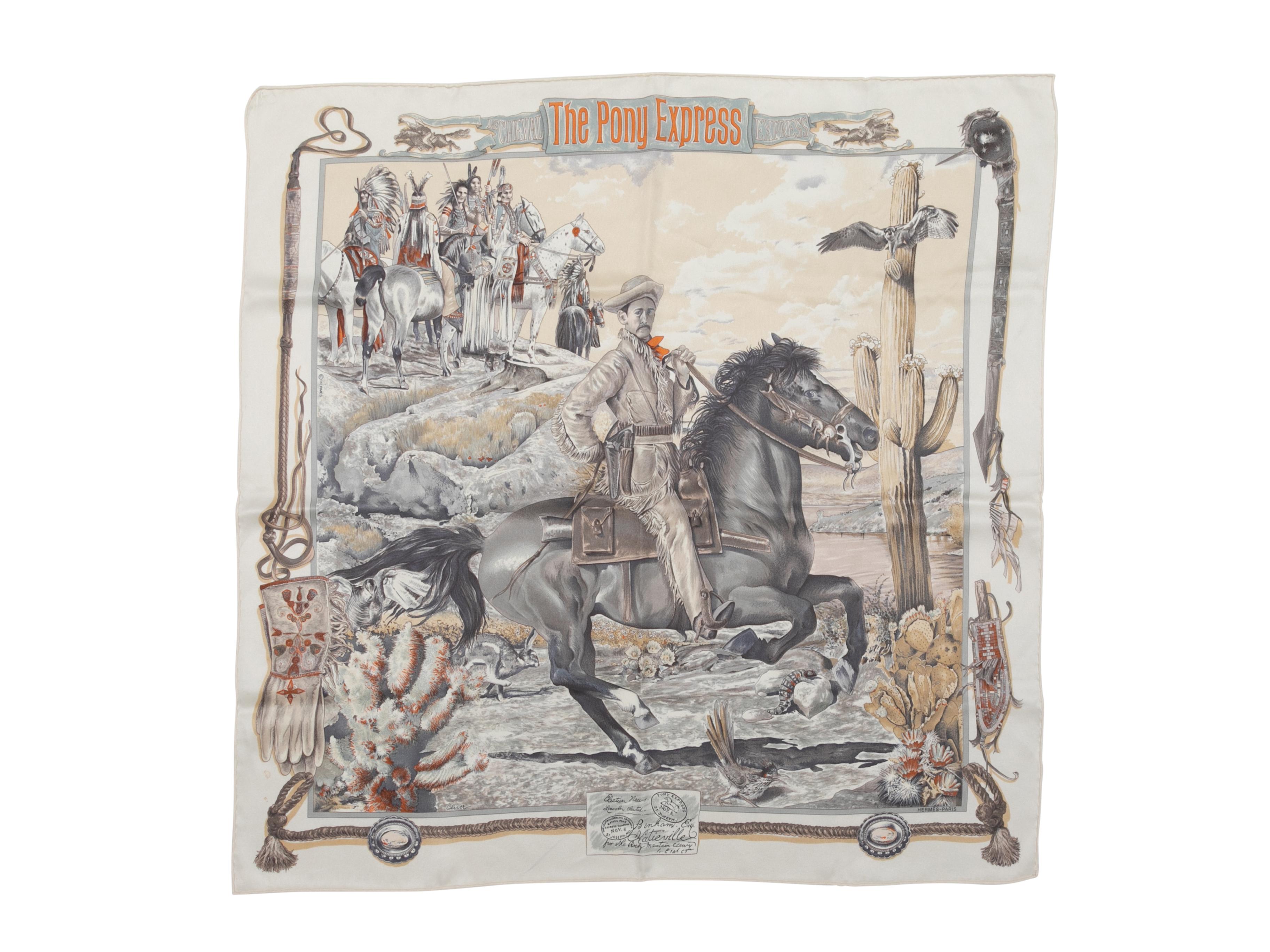 Gris Foulard en soie imprimée The Pony Express, blanc et multicolore Hermes