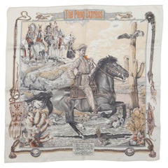 White & Multicolor Hermes The Pony Express Motif Printed Silk Scarf