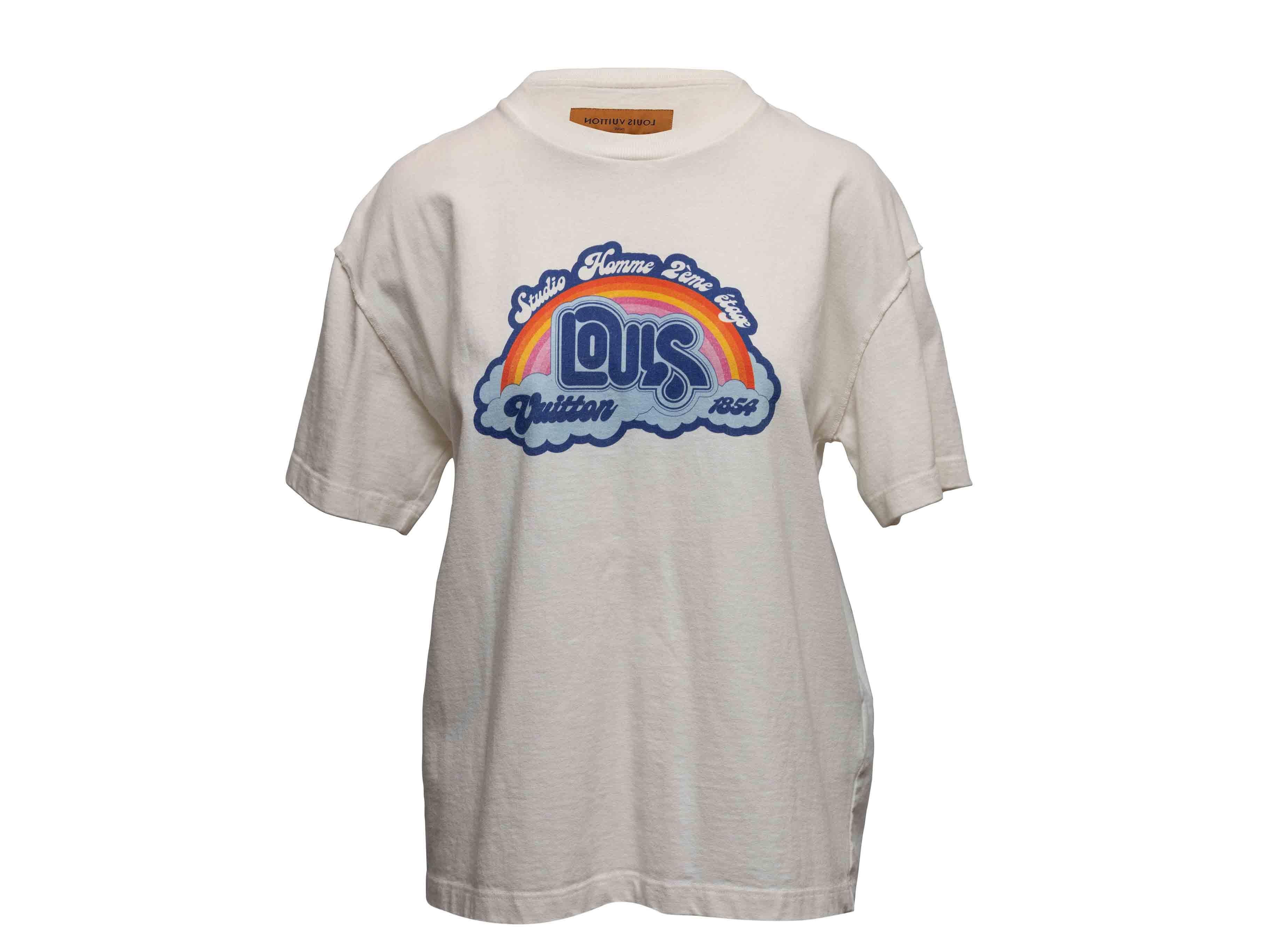 Weißes und mehrfarbiges T-Shirt mit Logodruck von Louis Vuitton. Rundhalsausschnitt. Kurze Ärmel. 39