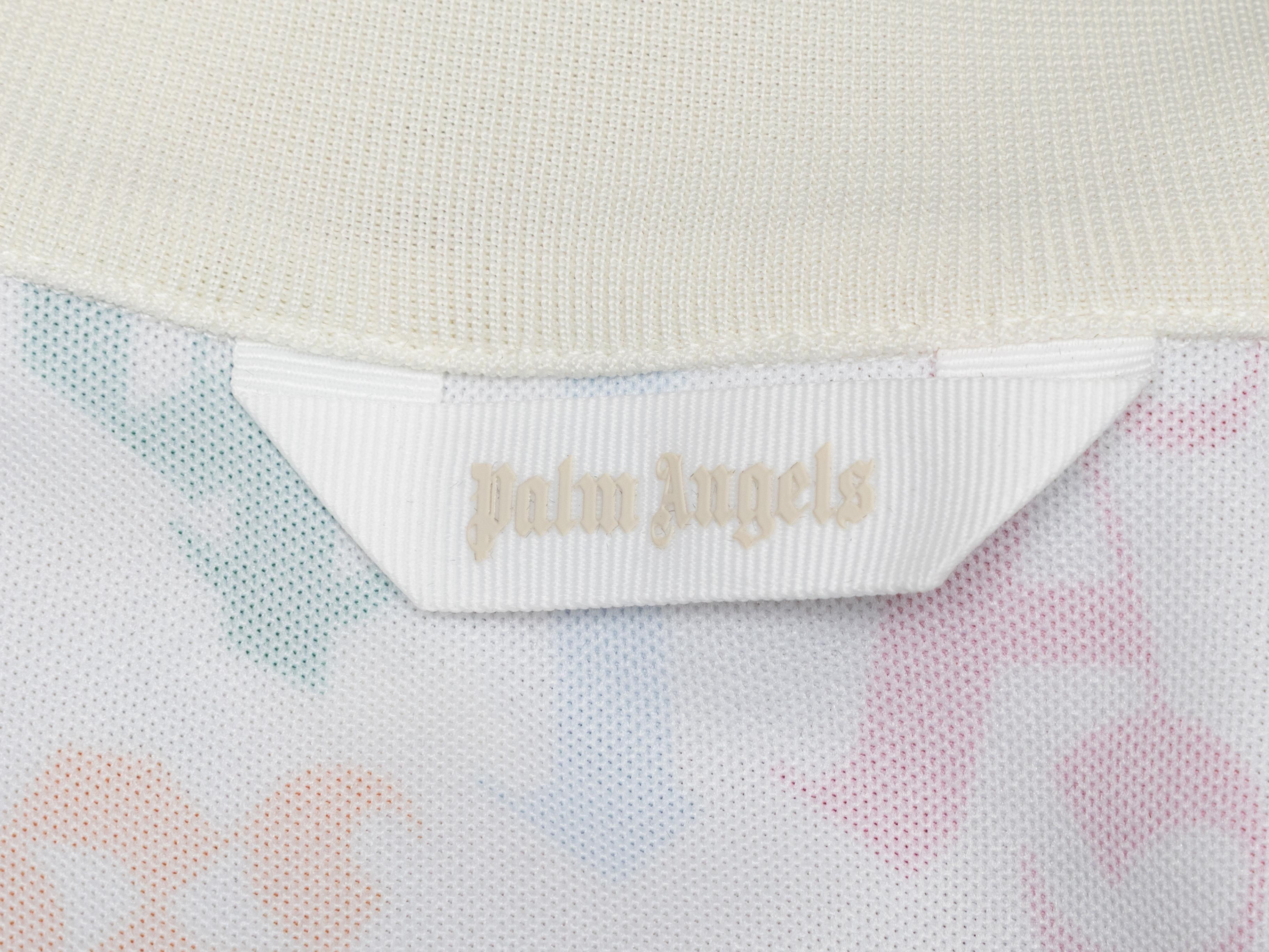 Weiße Trainingsjacke mit Reißverschluss und mehrfarbigem Textdruck von Palm Angels. Mokka-Ausschnitt. Zwei Gesäßtaschen. Reißverschluss in der vorderen Mitte. 36