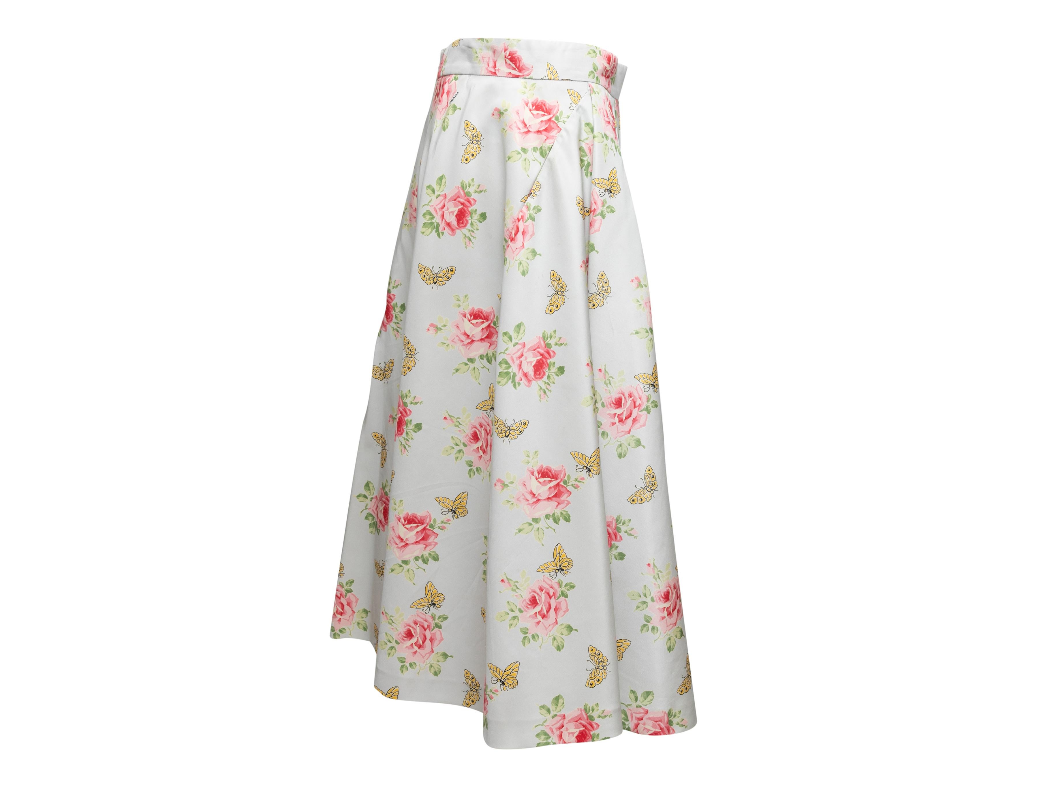 Women's White & Multicolor Prada 2019 Silk Rose & Butterfly Print Skirt Size IT 46 For Sale