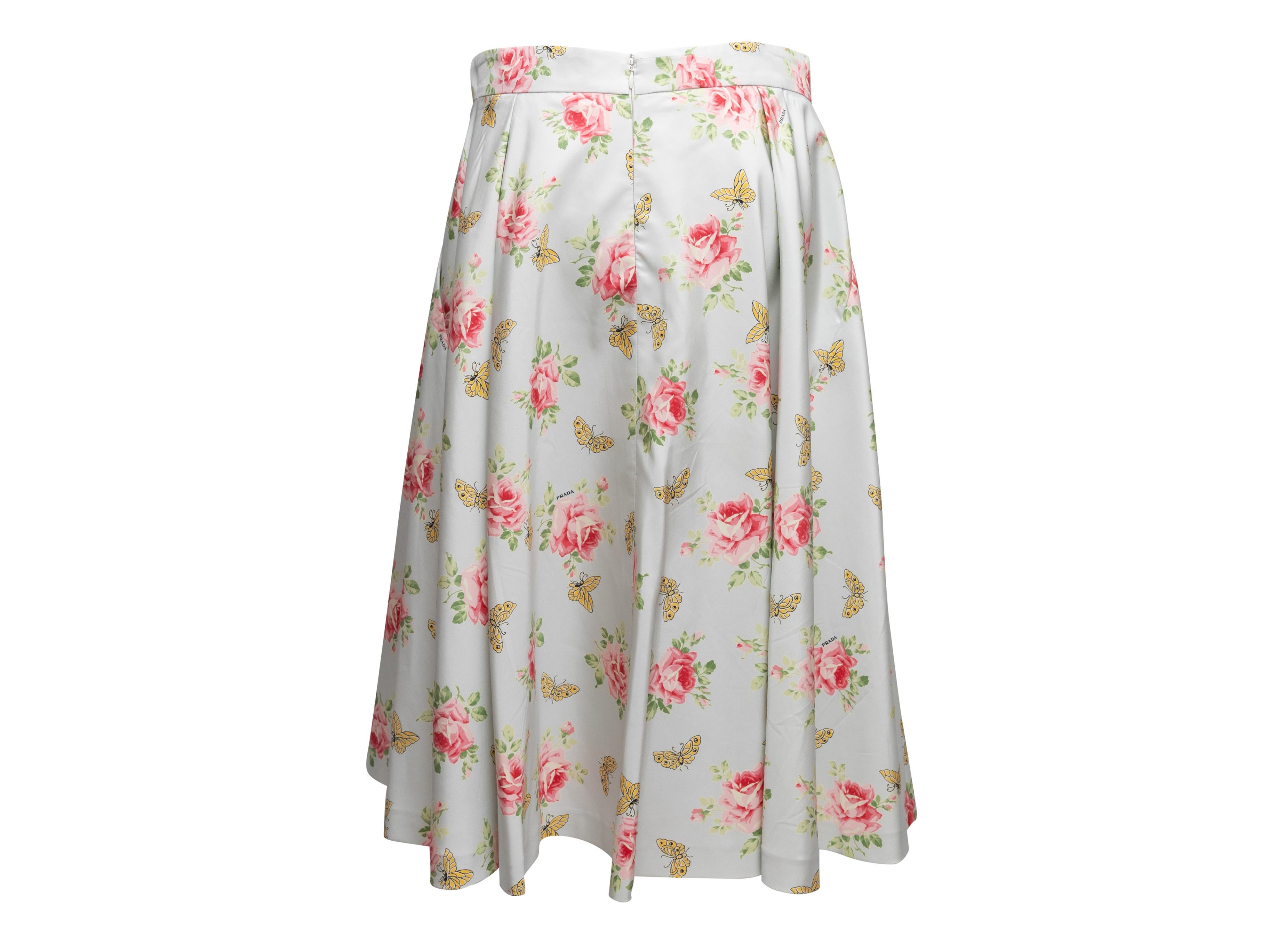 White & Multicolor Prada 2019 Silk Rose & Butterfly Print Skirt Size IT 46 For Sale 1