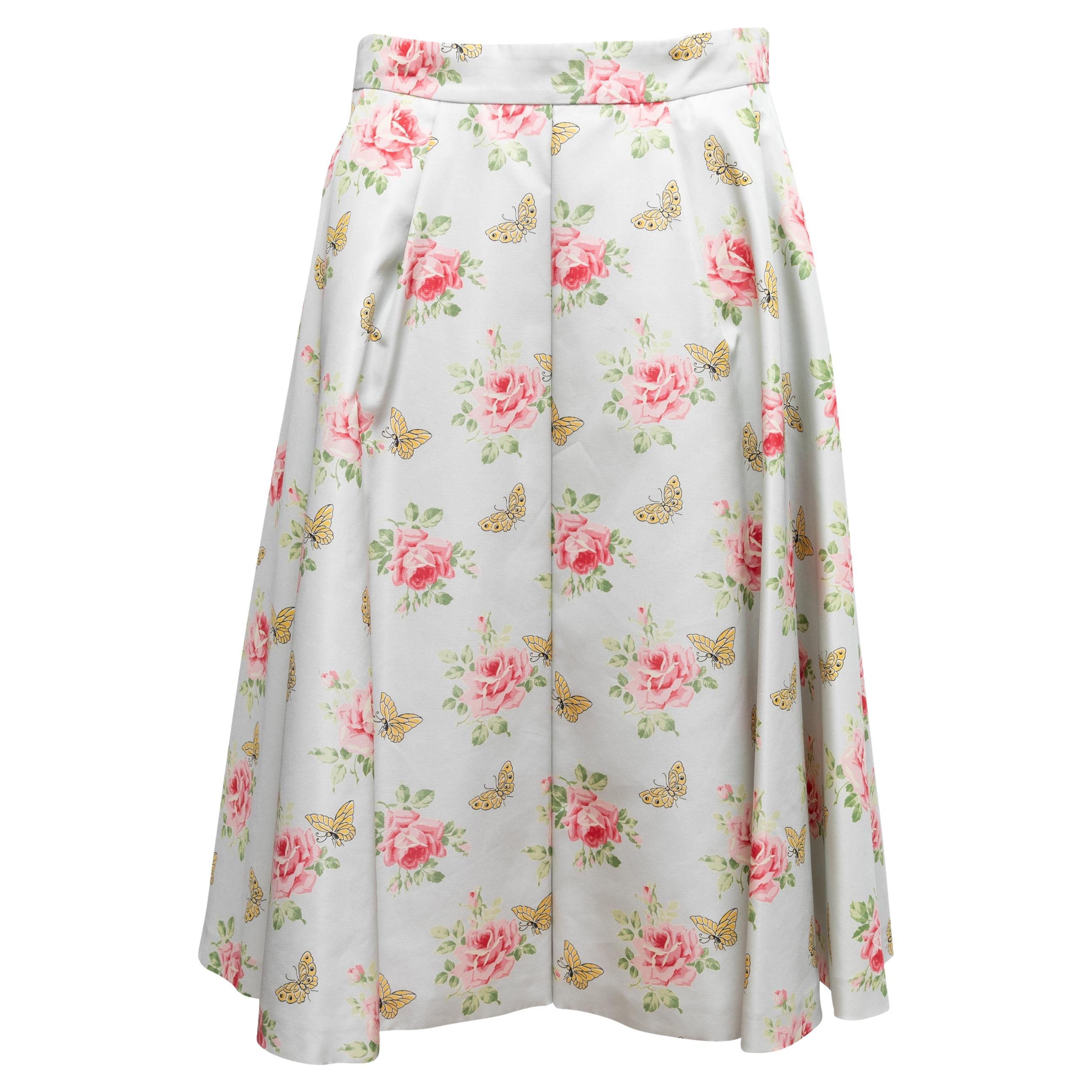 White & Multicolor Prada 2019 Silk Rose & Butterfly Print Skirt Size IT 46 For Sale
