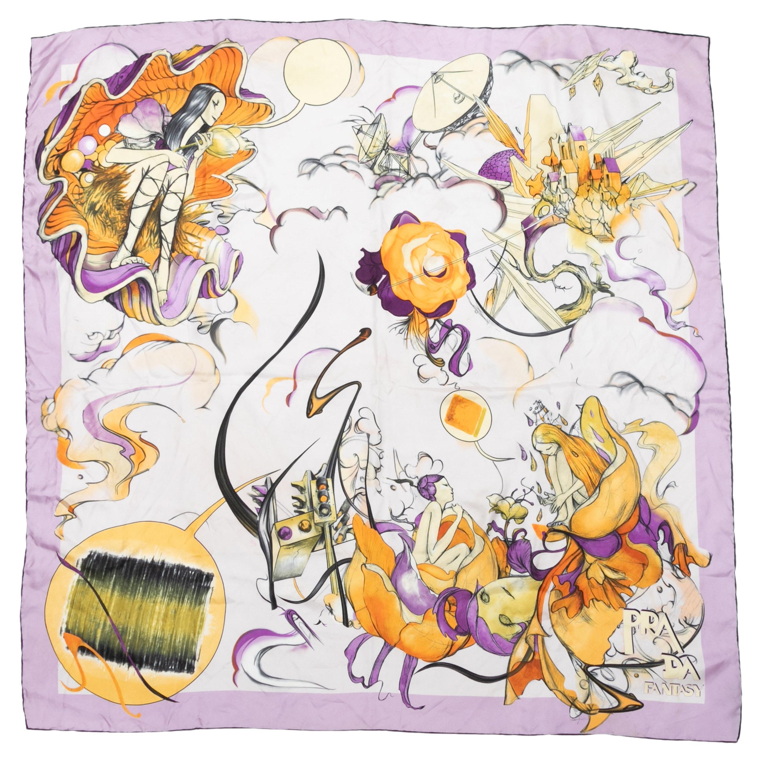 White & Multicolor Prada Silk Fairy Print Scarf For Sale