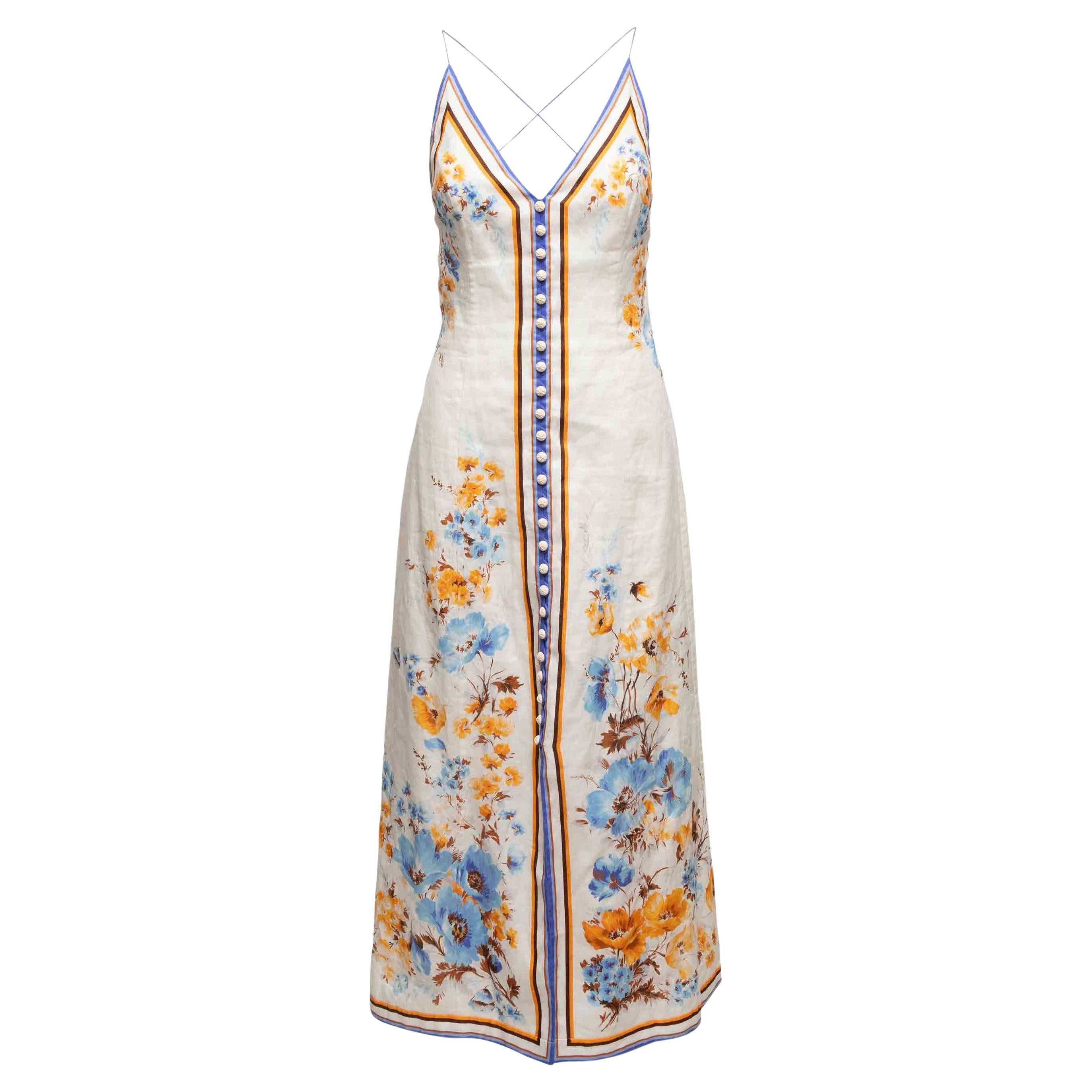 Weißes & Multicolor Zimmermann Leinen Maxikleid mit Blumenmuster Designer Größe 1
