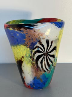 White Murano Art Glass Vase with Blue Vine and Red Flower Decoration
