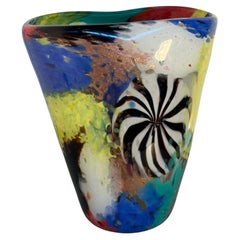 White Murano Art Glass Vase with Blue Vine and Red Flower Decoration