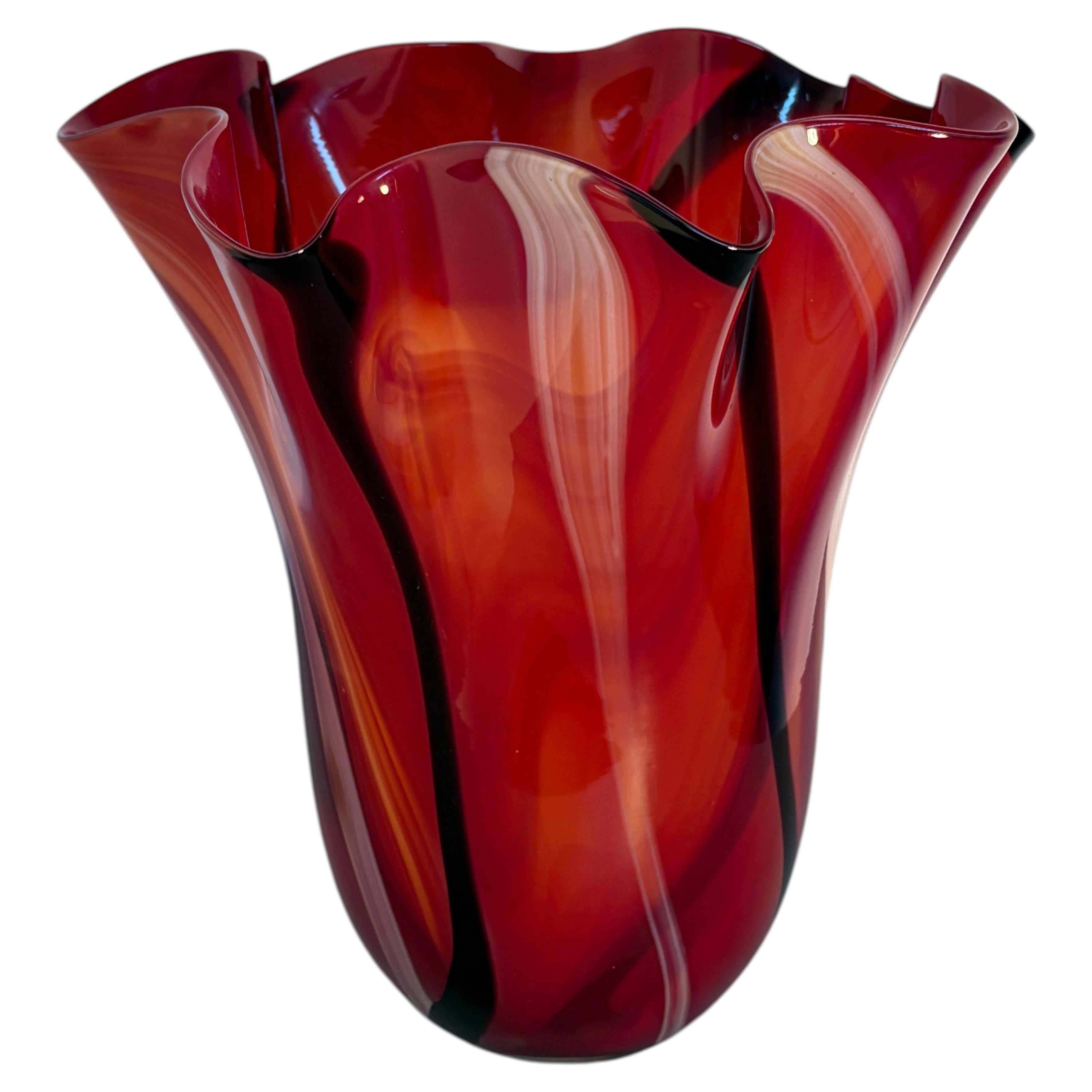 White Murano Art Glass Vase with Burgundy and Black Flame Design