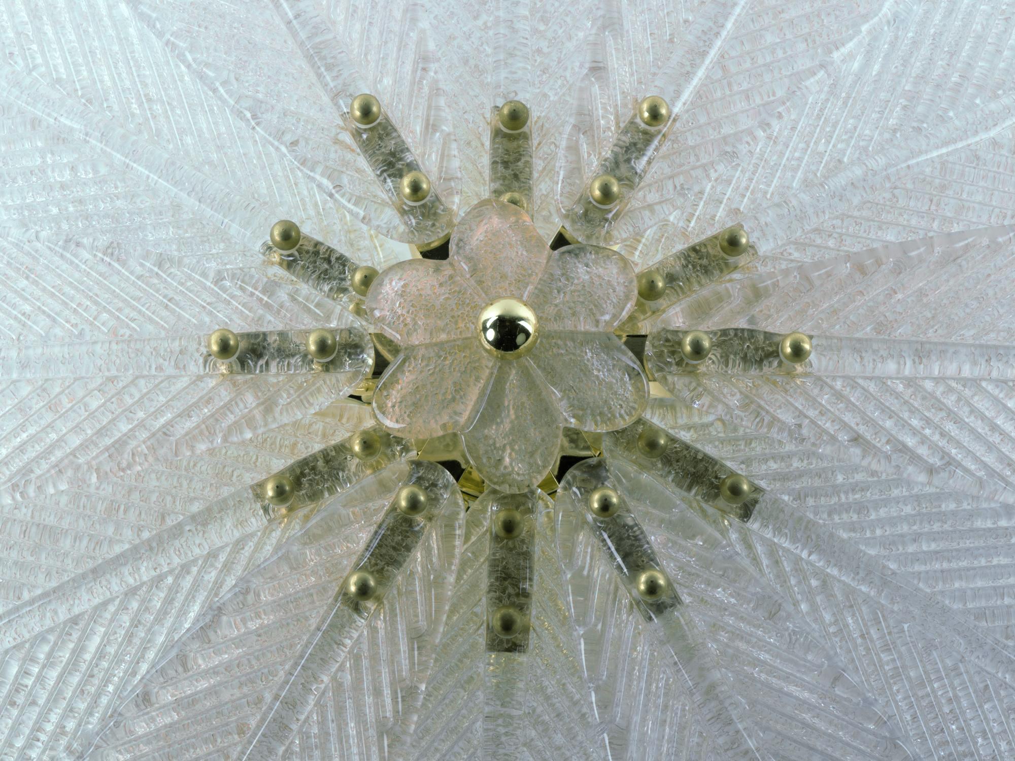 Mid-20th Century 1 'of 2' White Murano Flush Mount Palmette Glass & Brass Chandelier, Italy 1960s